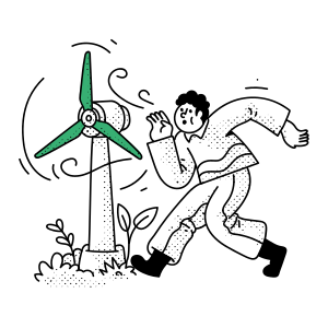 Hombre huyendo de un aerogenerador giratorio.