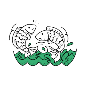 Dos peces saltando desde aguas verdes