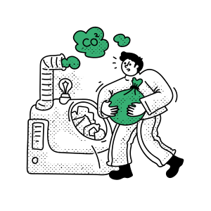 Man carrying green bag near polluting machine