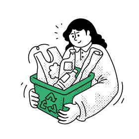 Woman holding a green recycling bin with plastic items