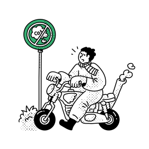 Man rides motorcycle with co2 emission sign