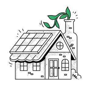 Maison avec panneaux solaires et plantes poussant depuis la cheminée.