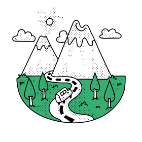 A camper van travels on a winding road through mountains