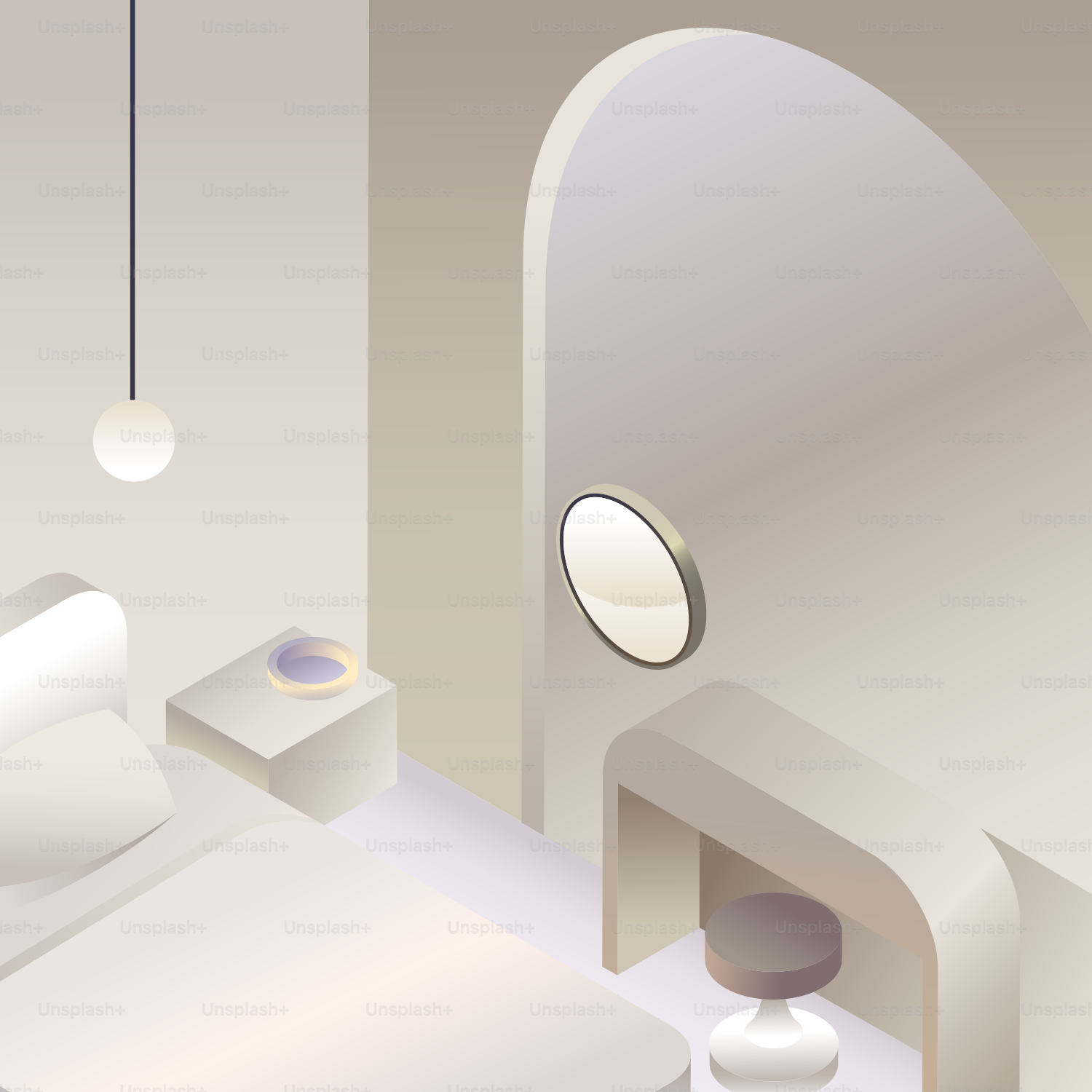 Minimalist bedroom with modern furniture and decor.