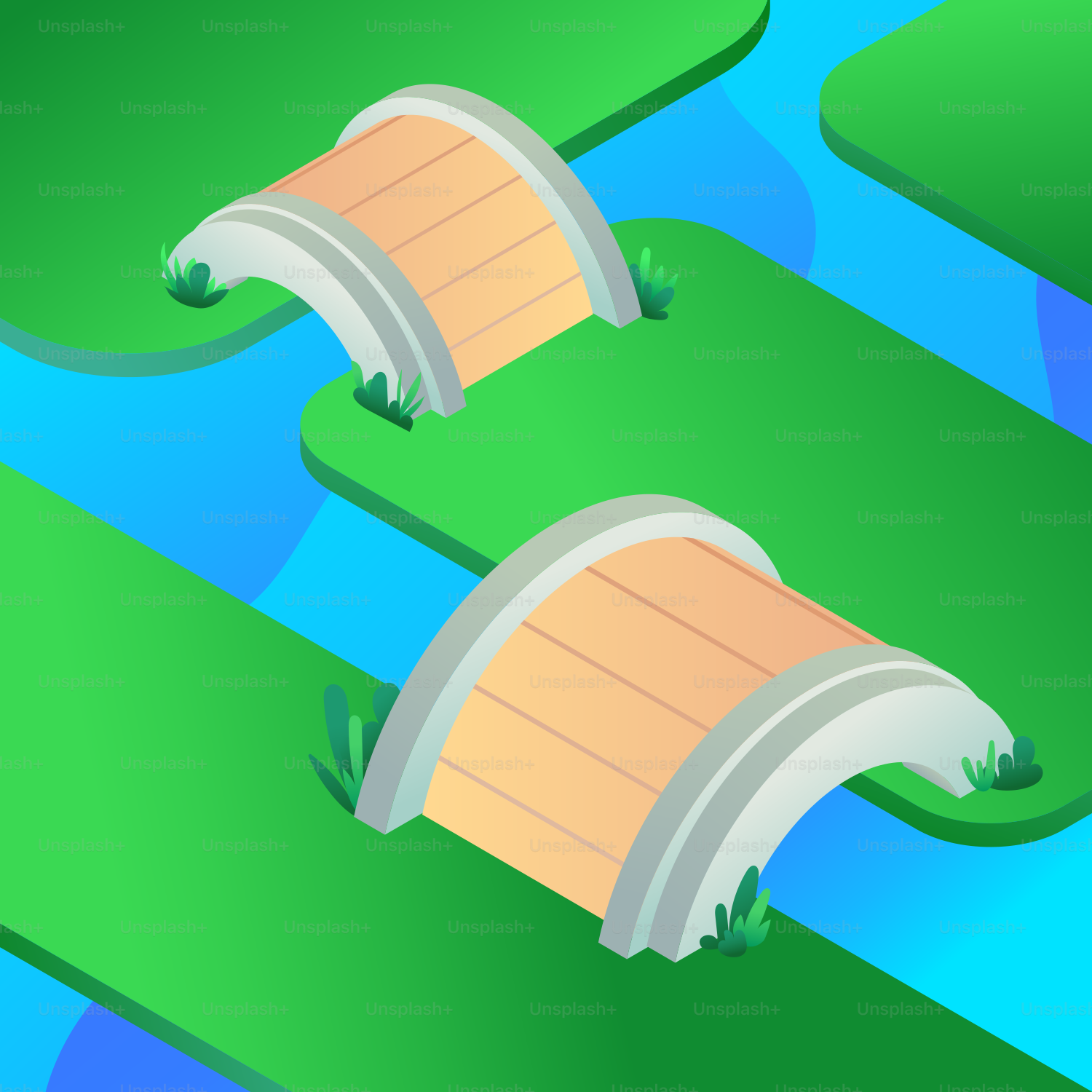 Deux ponts en arc traversent des canaux d’eau bleus.