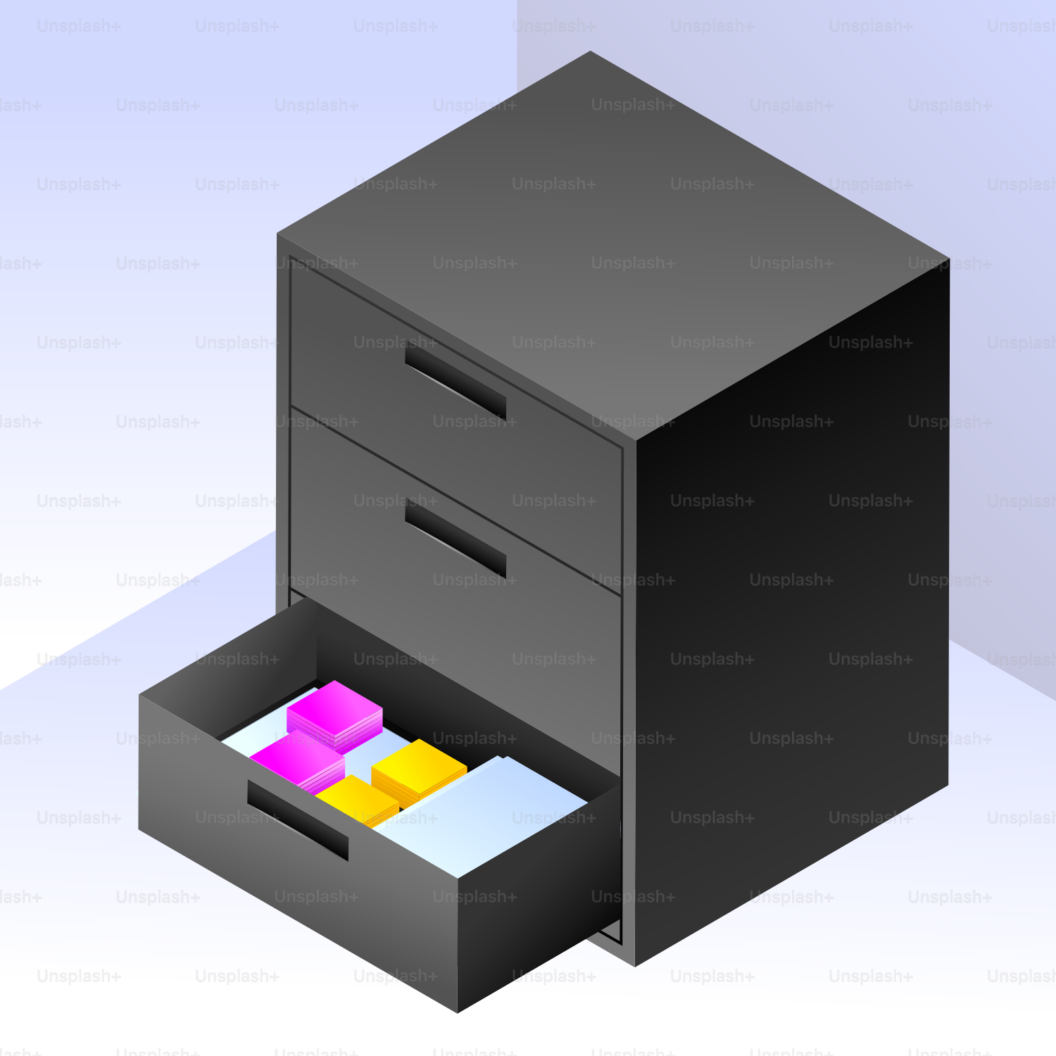 Dark gray filing cabinet with open drawer