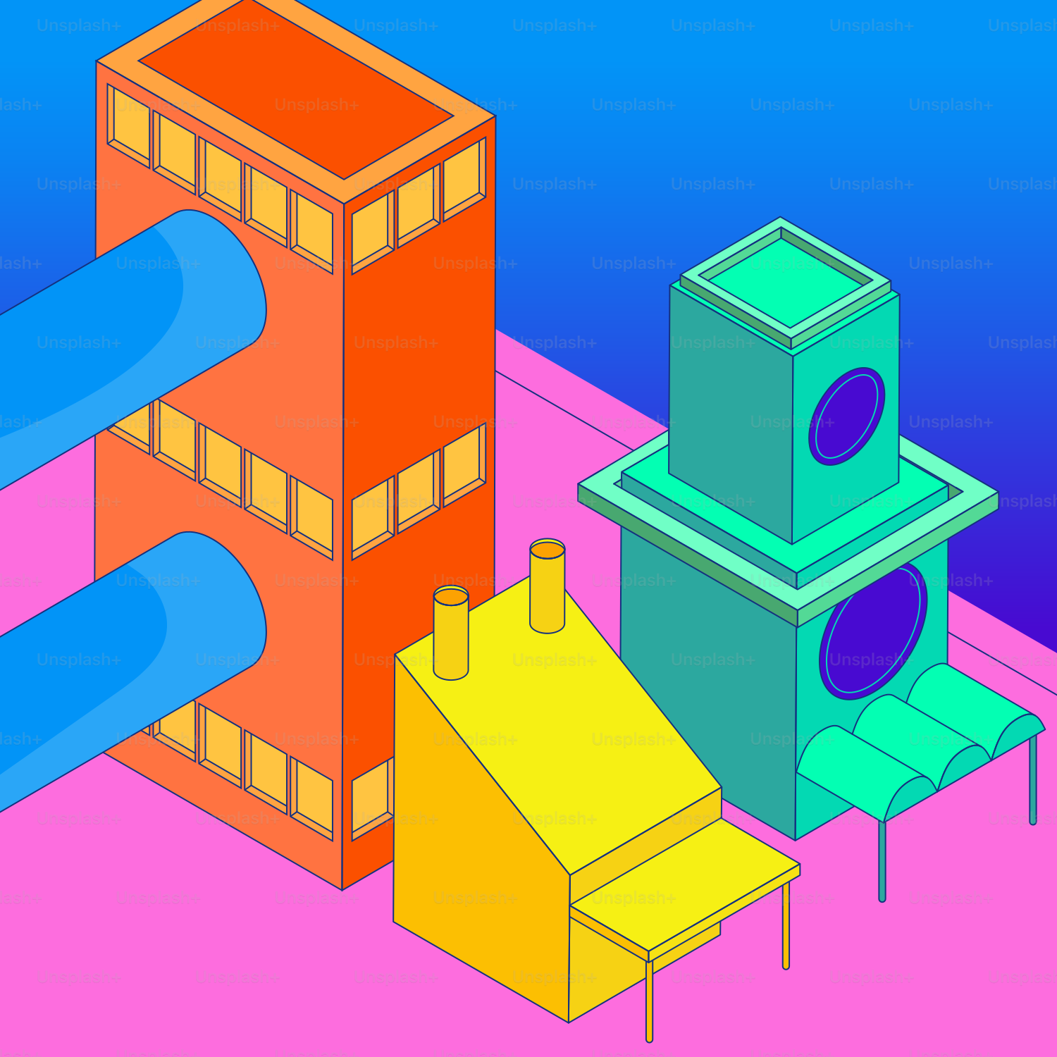 Colorful isometric buildings against a gradient background.