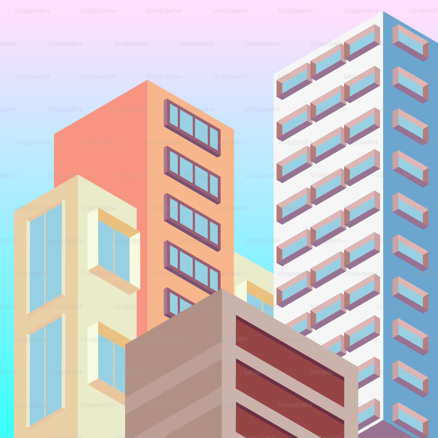 Colorful buildings against a gradient sky.