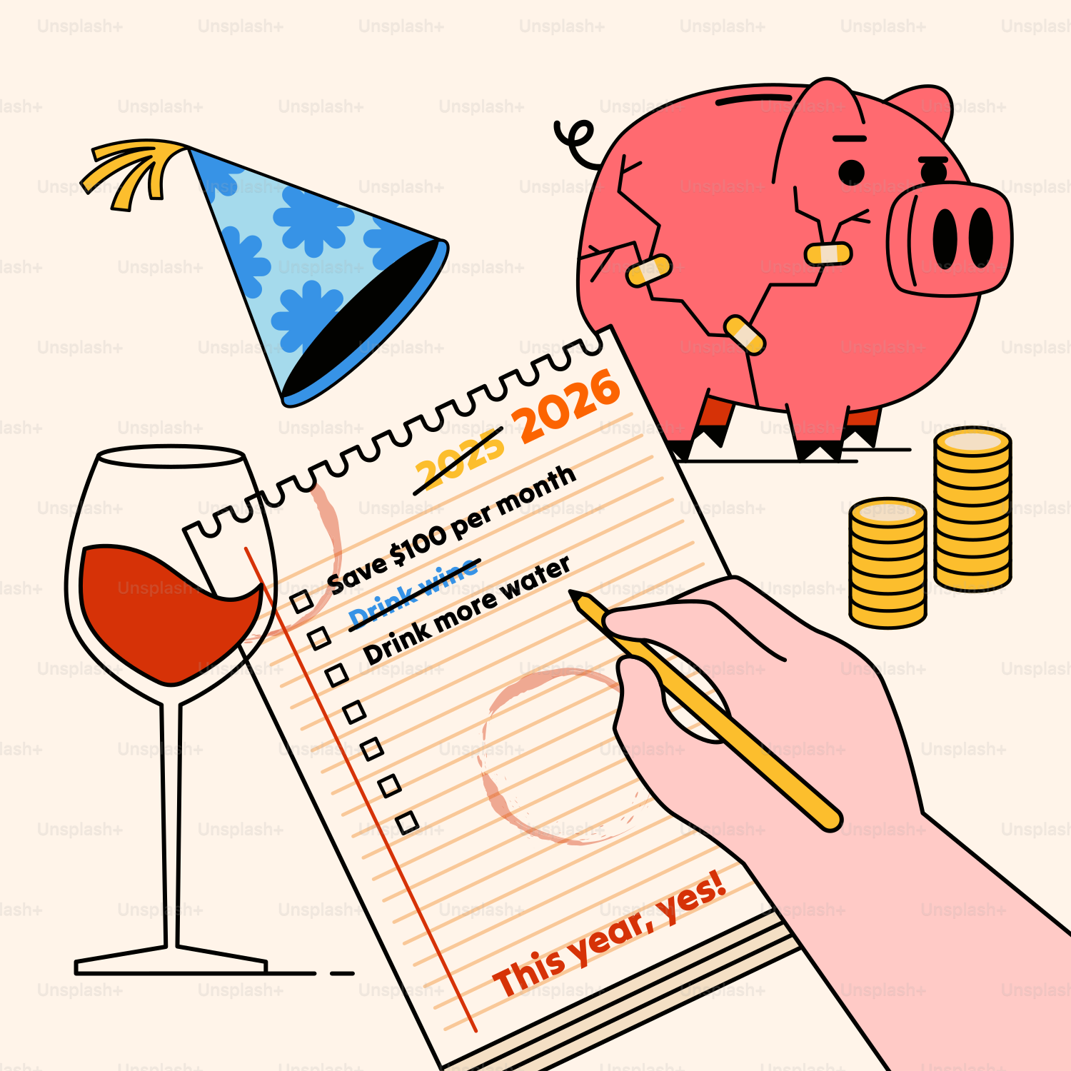 Hand writing new year's resolutions on a notepad