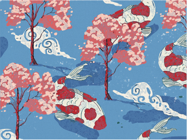 Koi fish and cherry blossoms on blue background