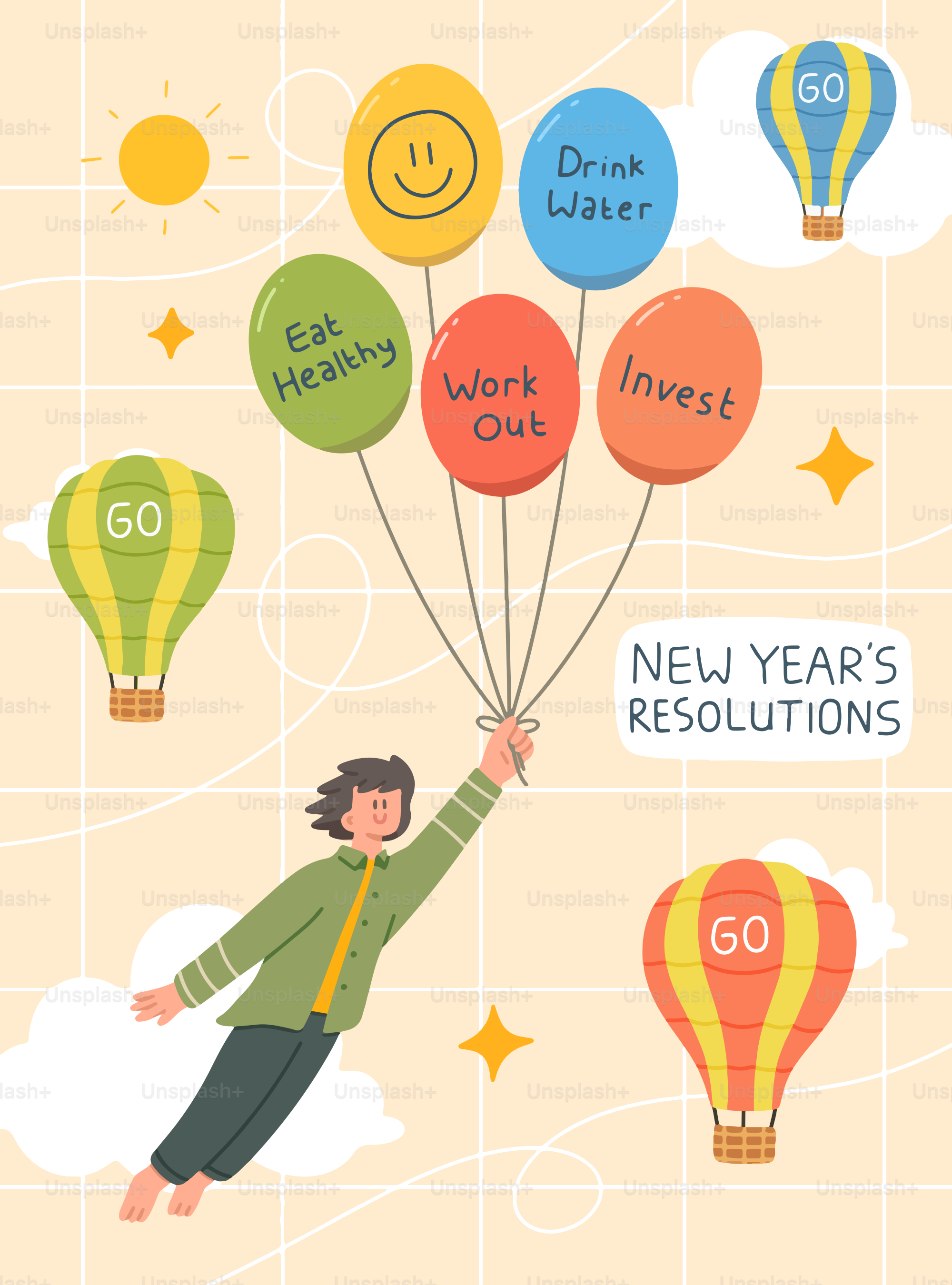 Personne tenant des ballons avec des résolutions du Nouvel An