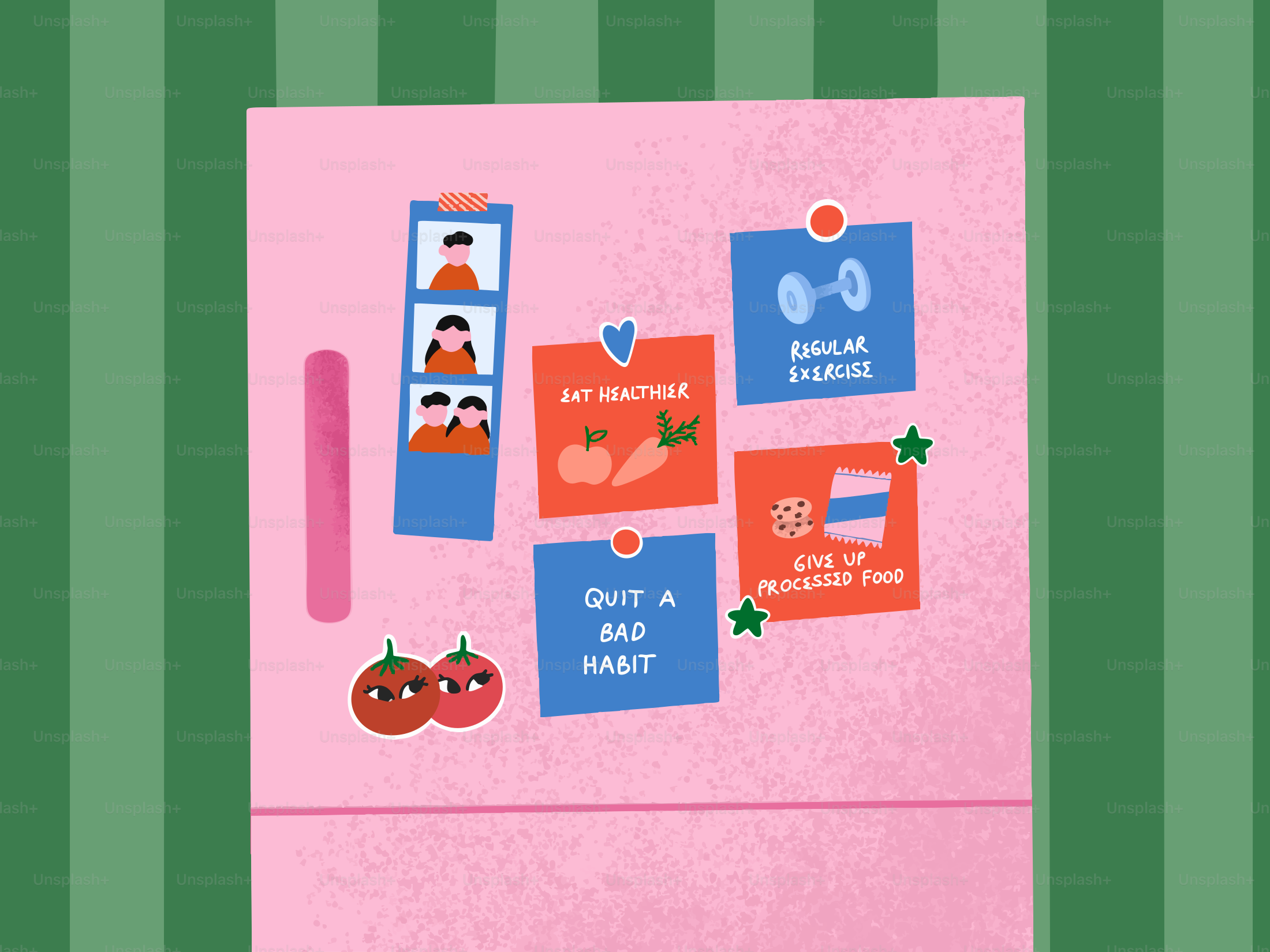 Pink refrigerator with healthy habit notes and photos