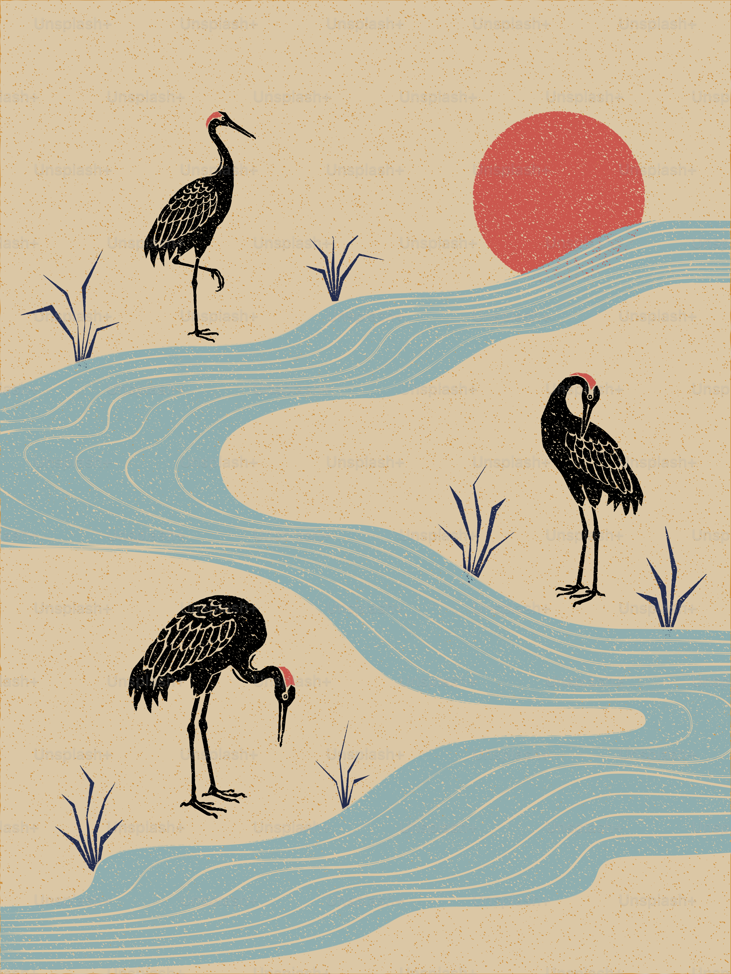 Trois grues près d’une rivière sinueuse au coucher du soleil.