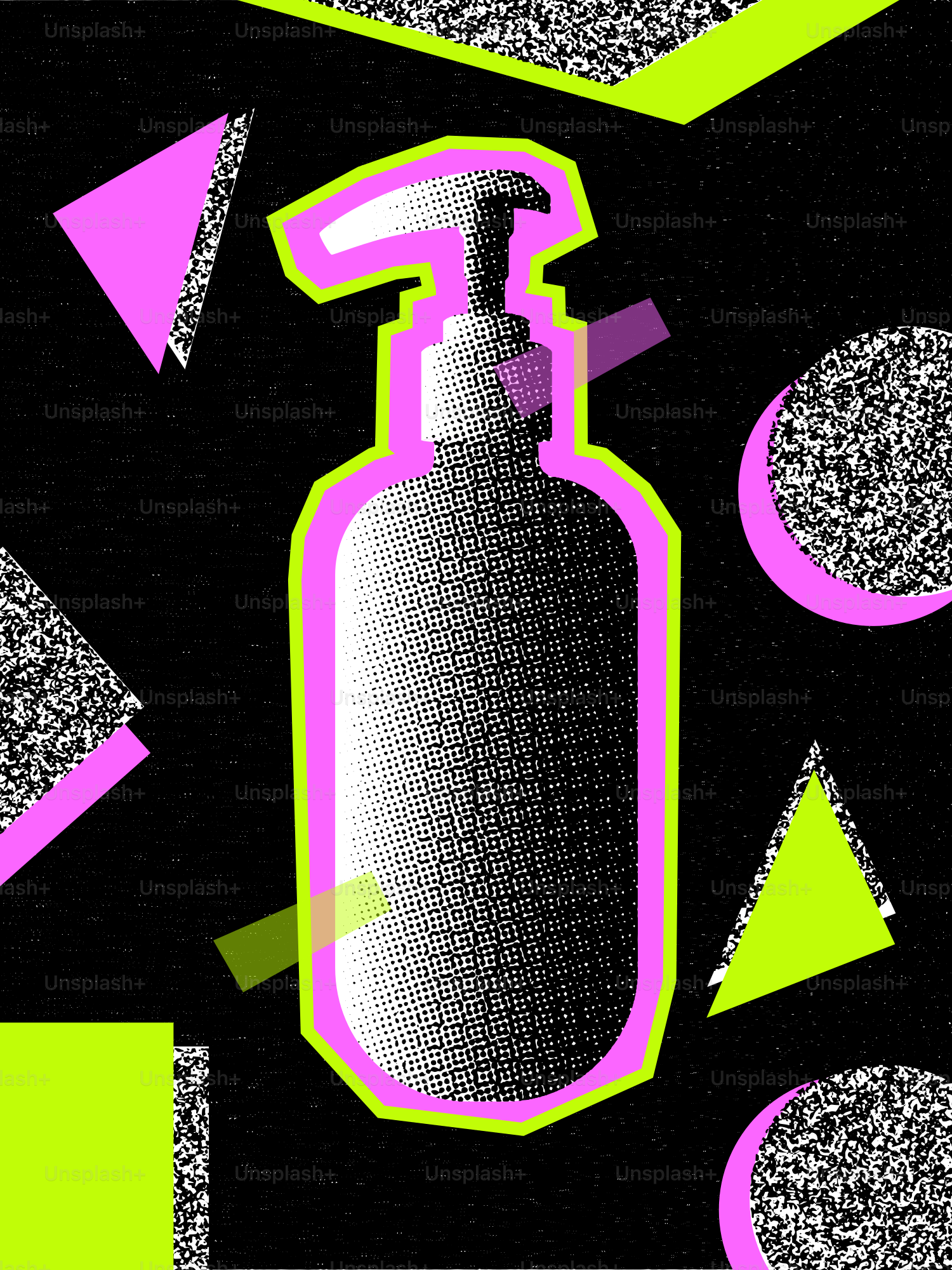 Bottiglia a pompa con forme astratte rosa neon e verde.