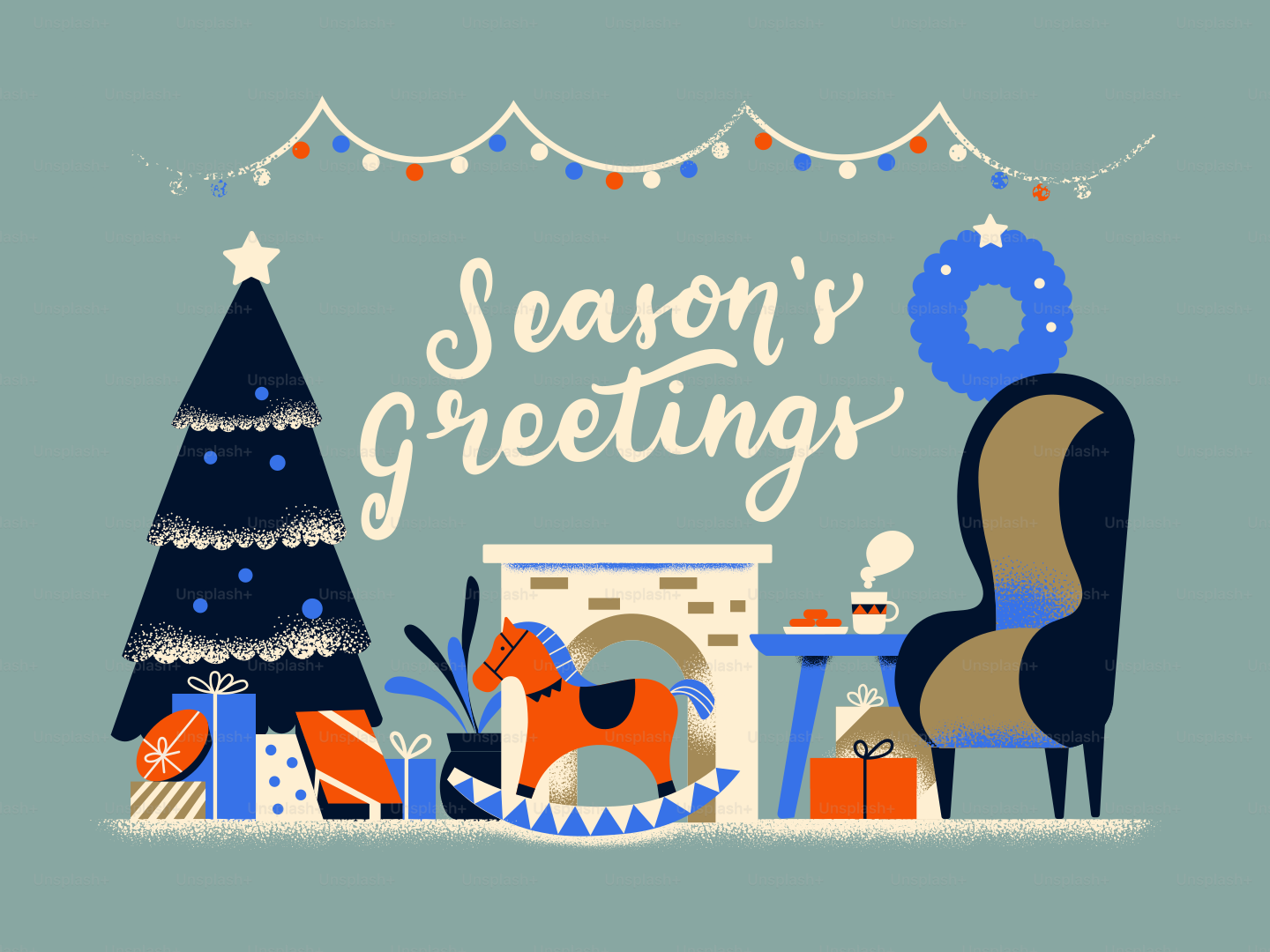 Sapin de Noël, cheminée et cheval à bascule avec des salutations.