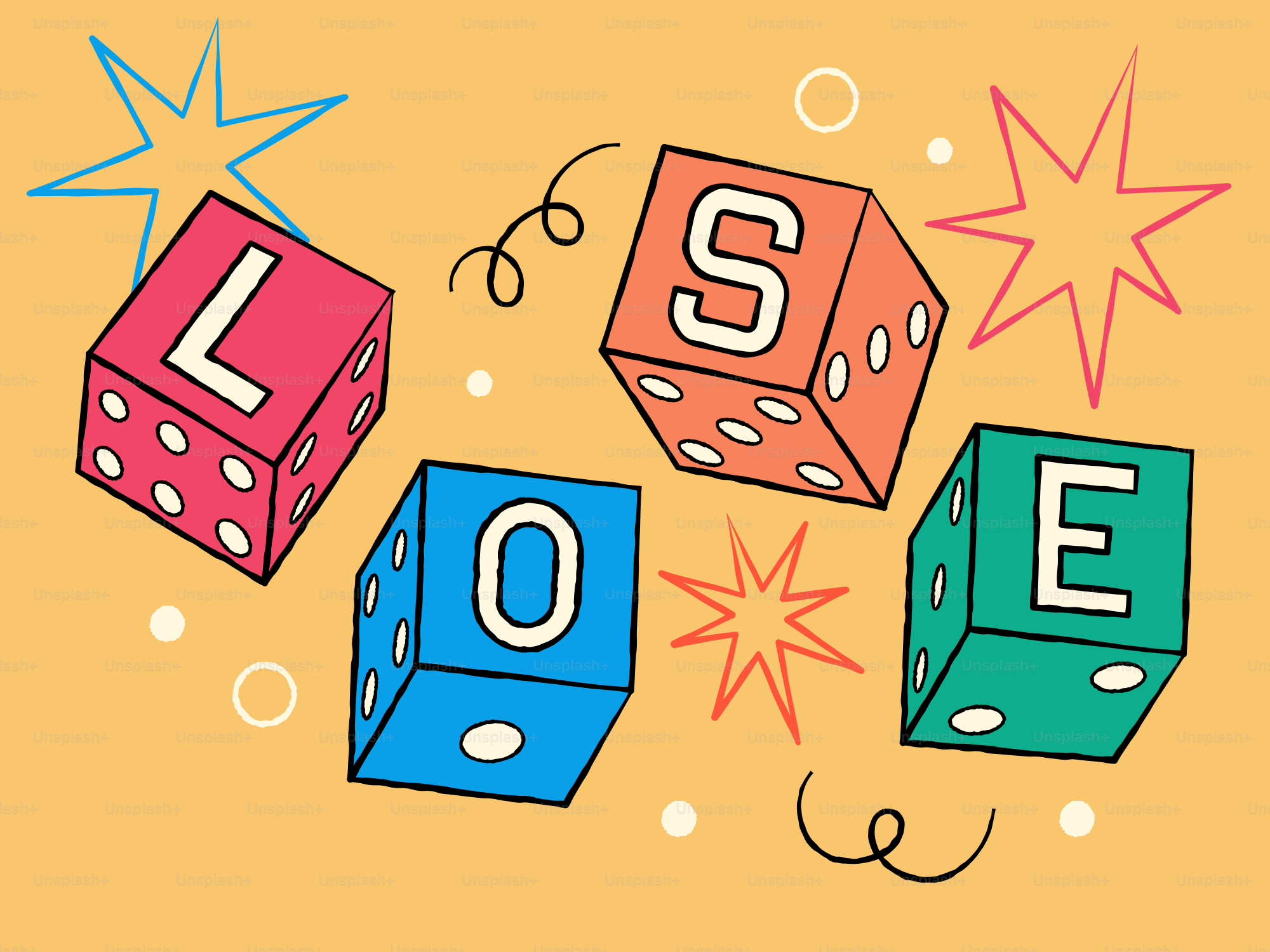 Vier Würfel buchstabieren das Wort verlieren.