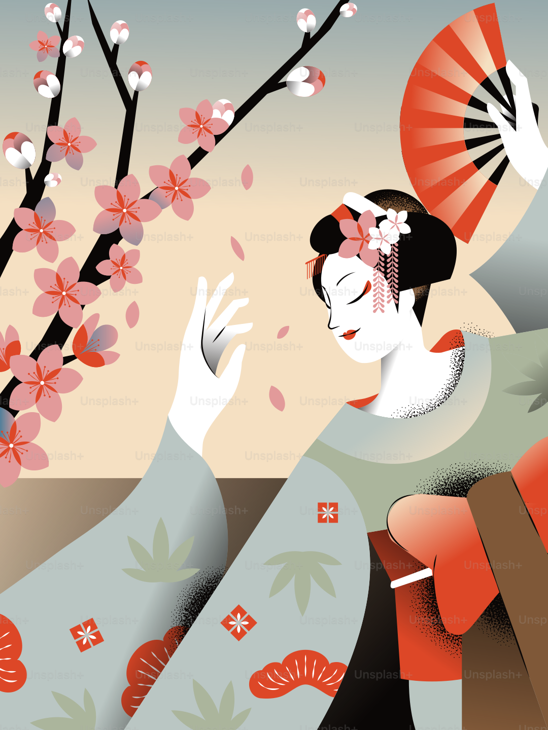 Geisha with fan and cherry blossoms