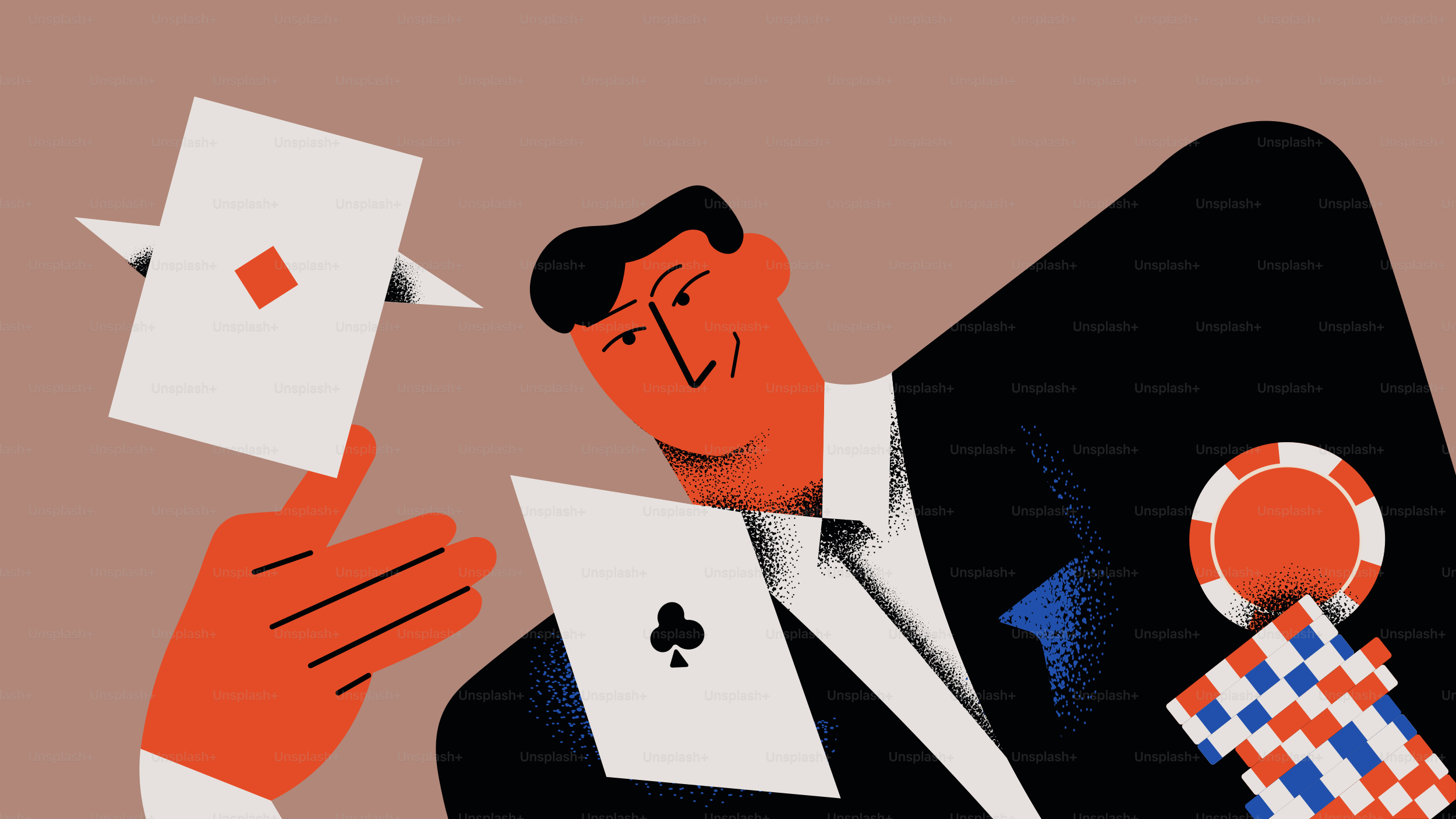 Hombre de palo jugando a las cartas con fichas de póker