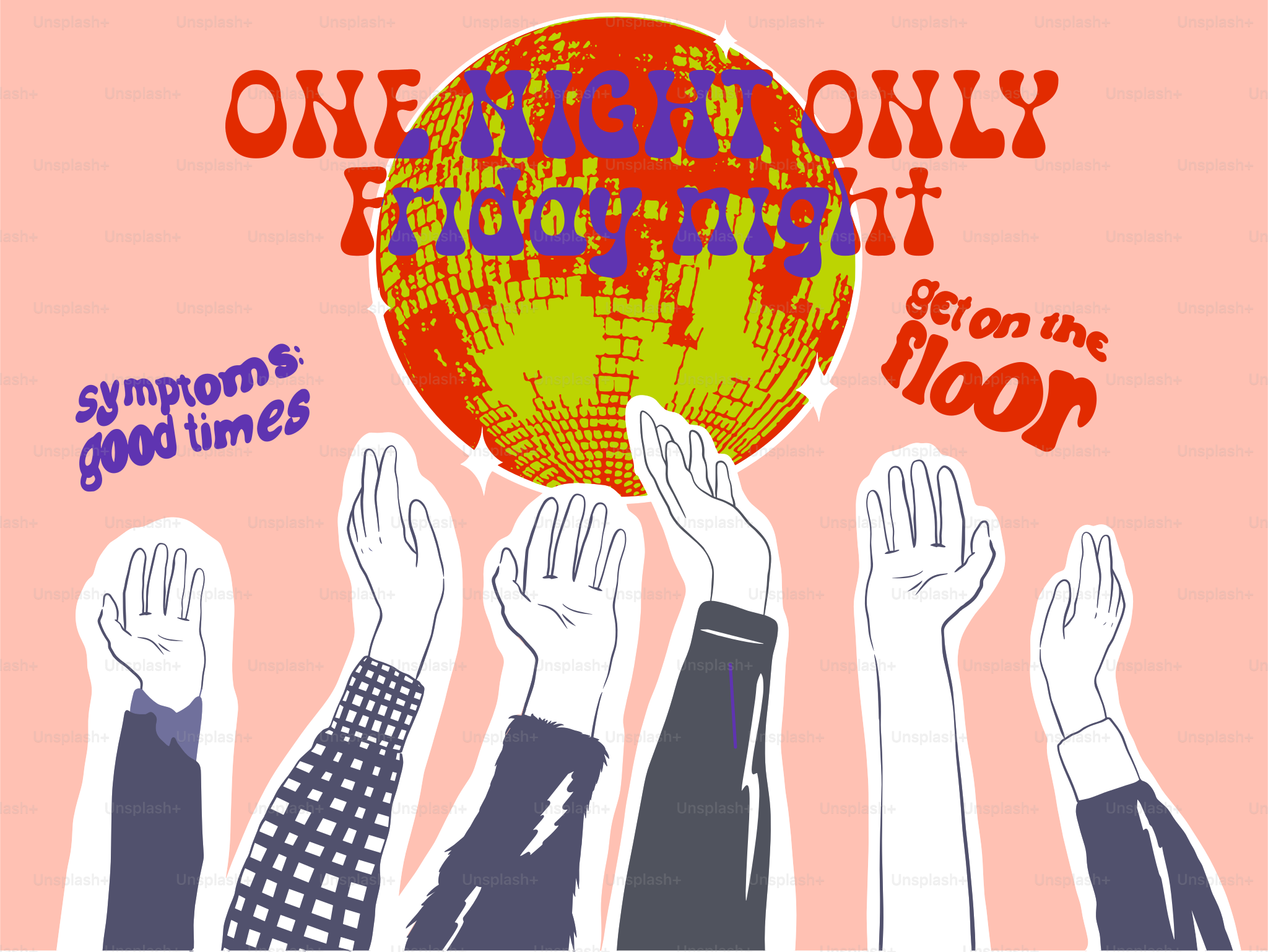 Hands reaching up towards disco ball with text.