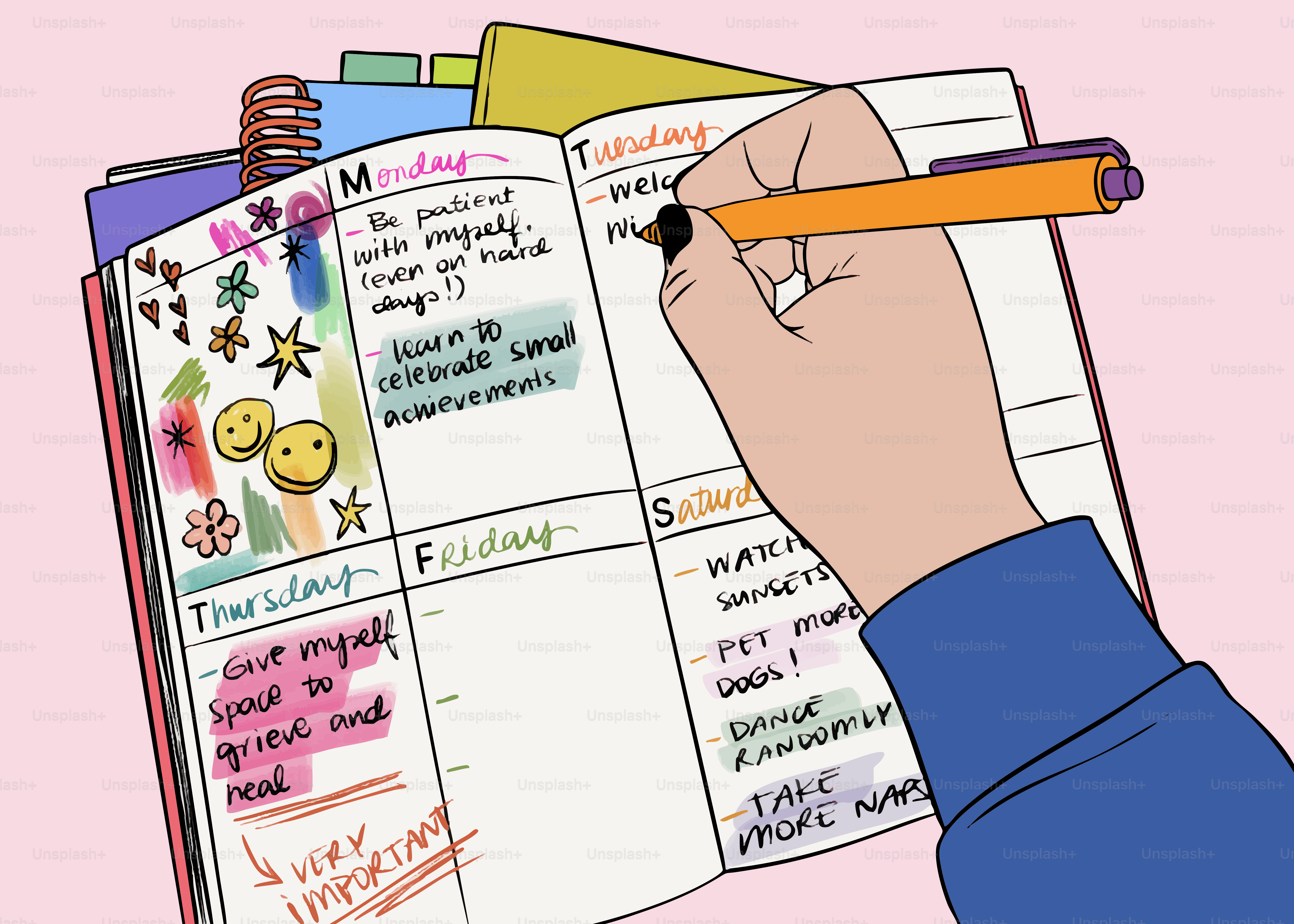 装飾された手帳に手書きで書くこと。