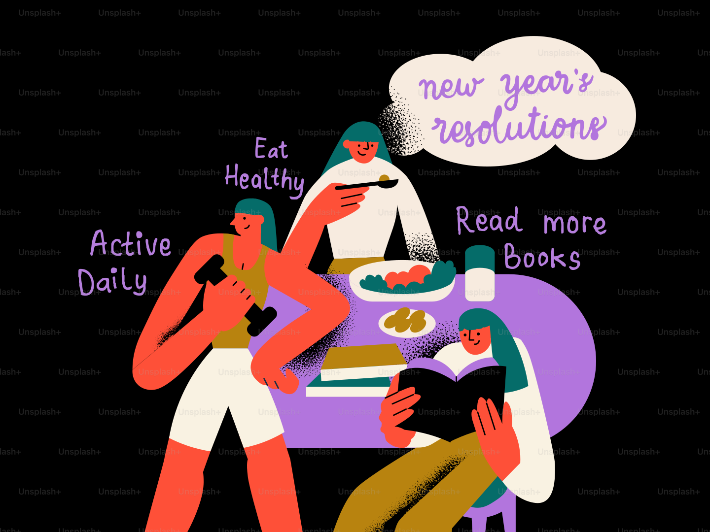 Women making new year's resolutions like eating healthy and reading.