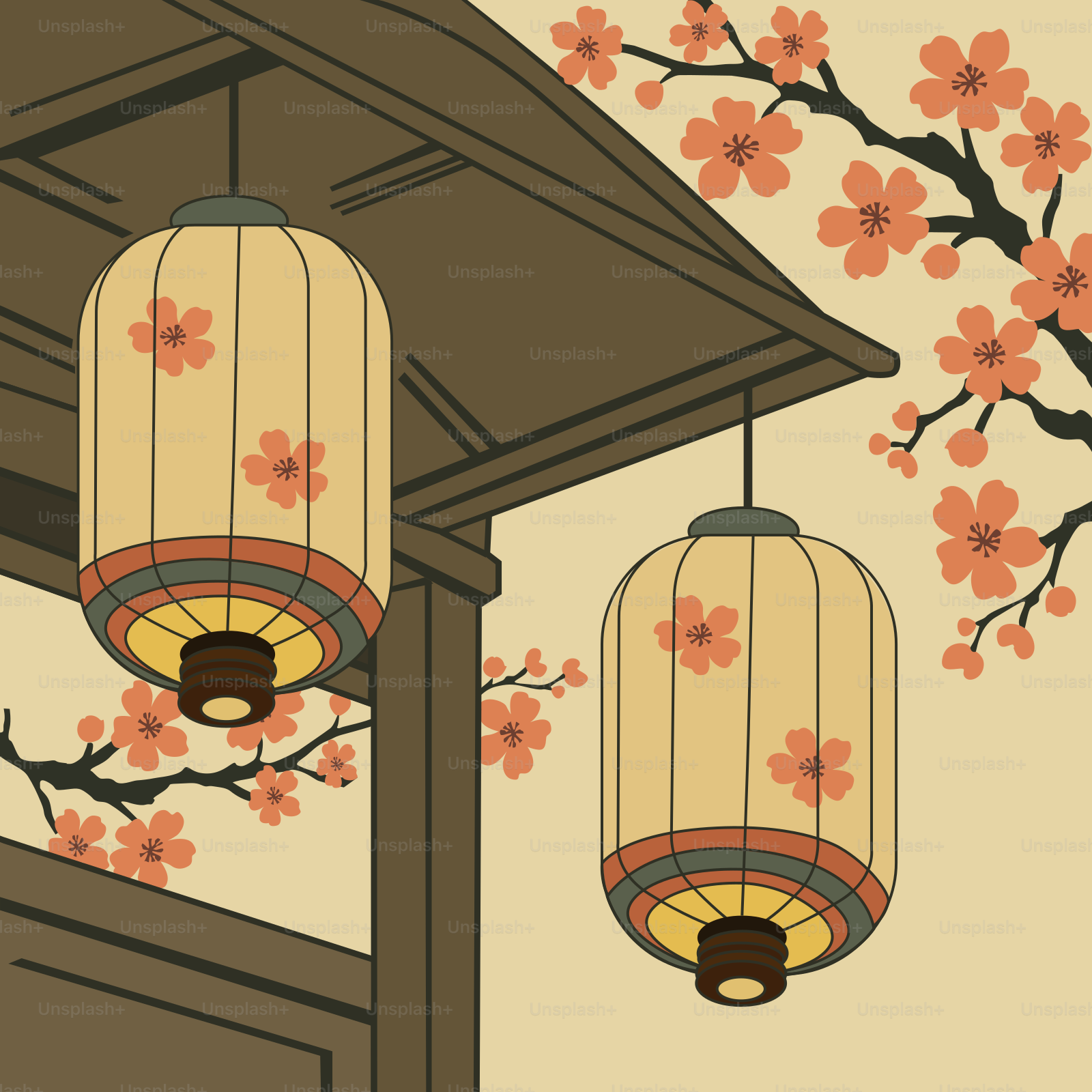 Two japanese lanterns hang near a building with cherry blossoms.