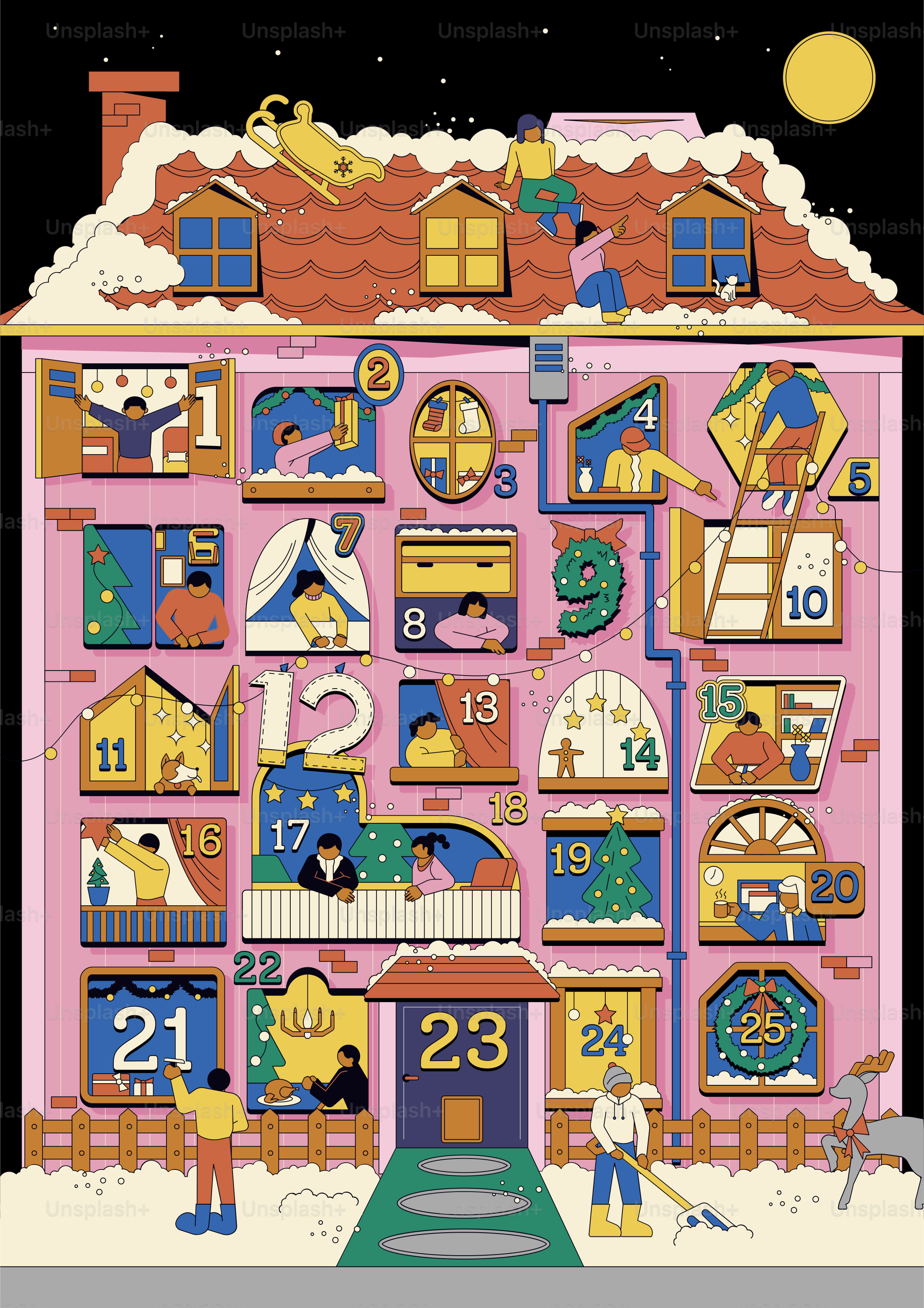 Weihnachts-Adventskalender mit Menschen in den Fenstern.