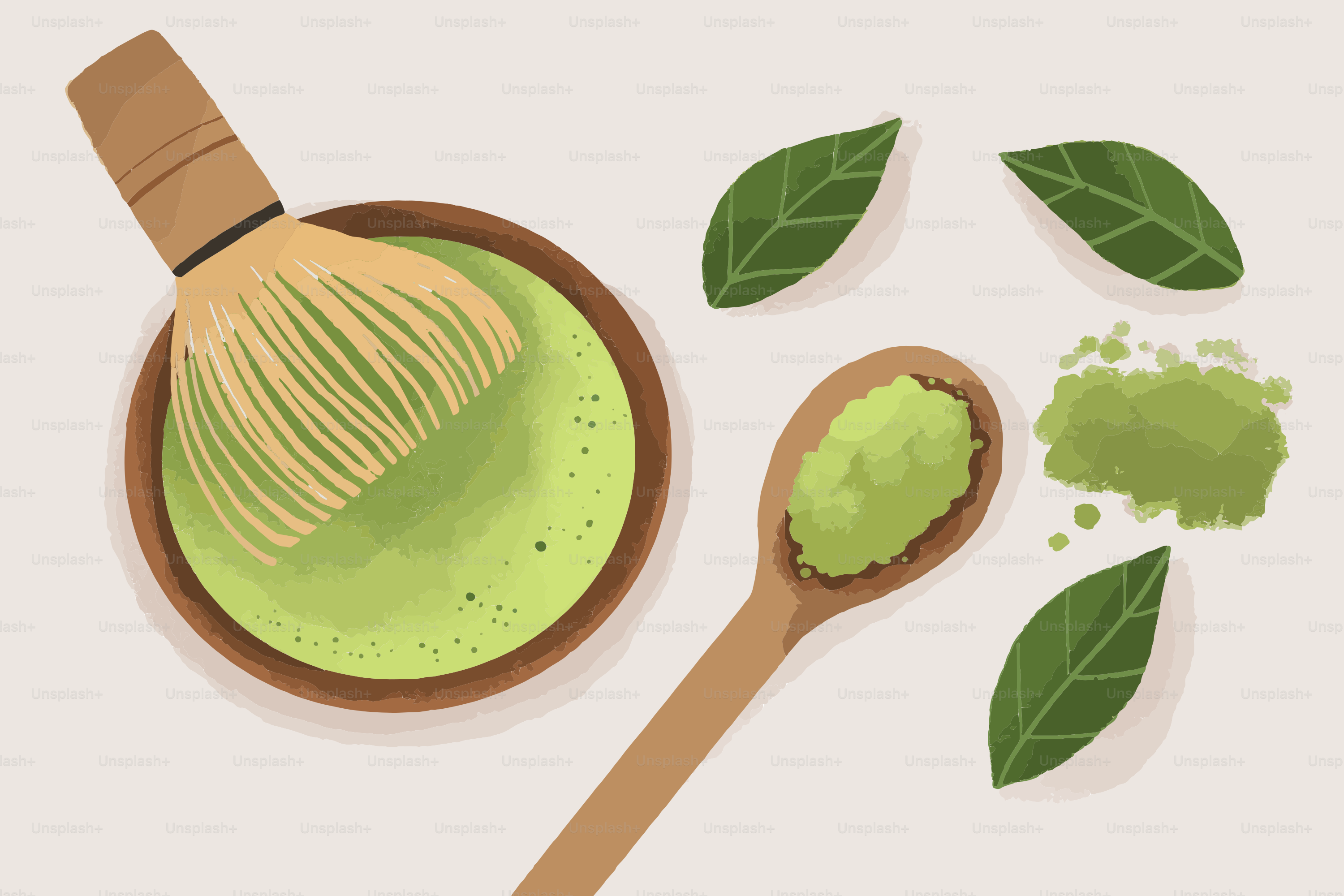 Matcha tea preparation with whisk and spoon