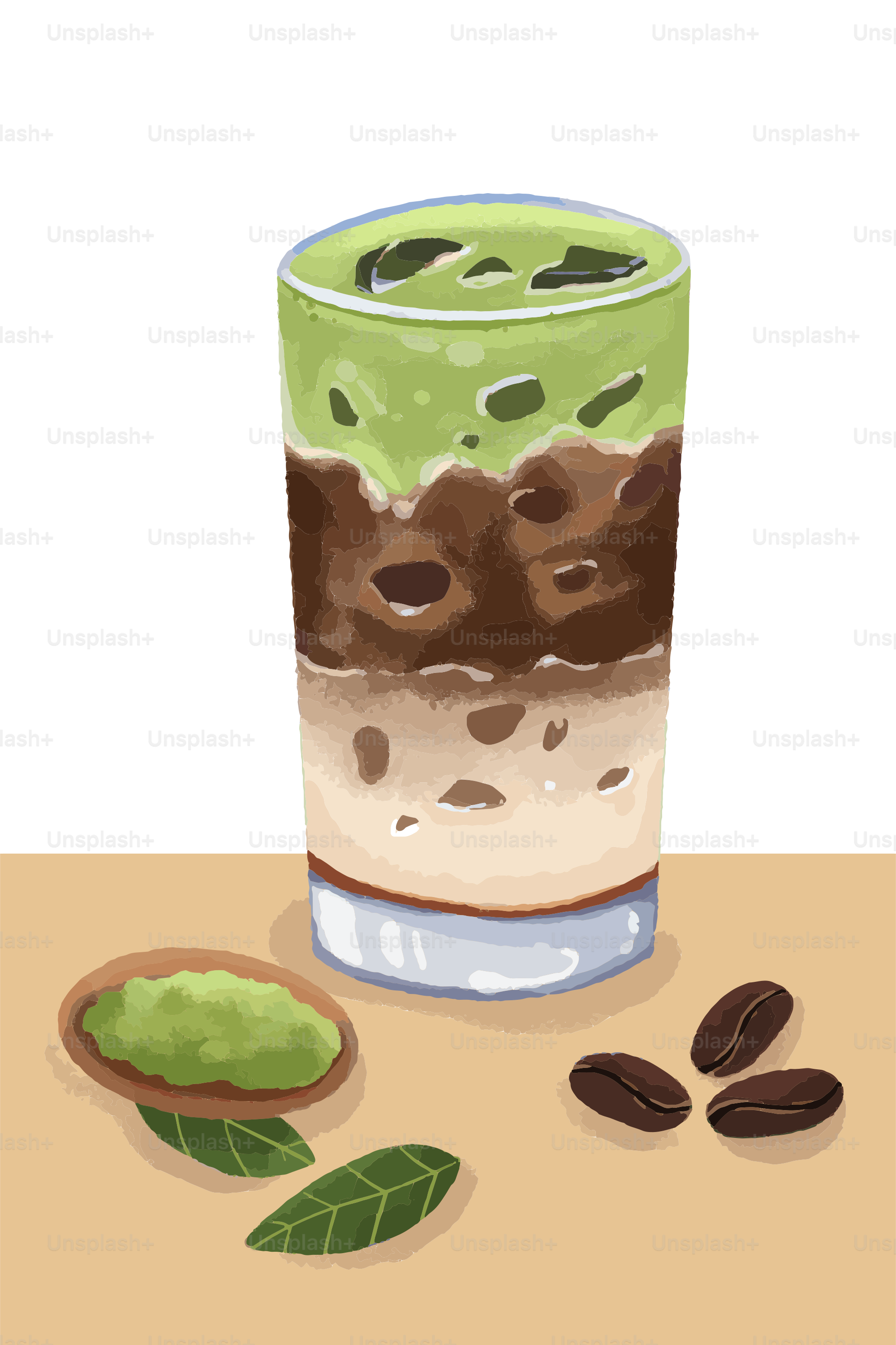 Layered matcha and coffee drink with ingredients