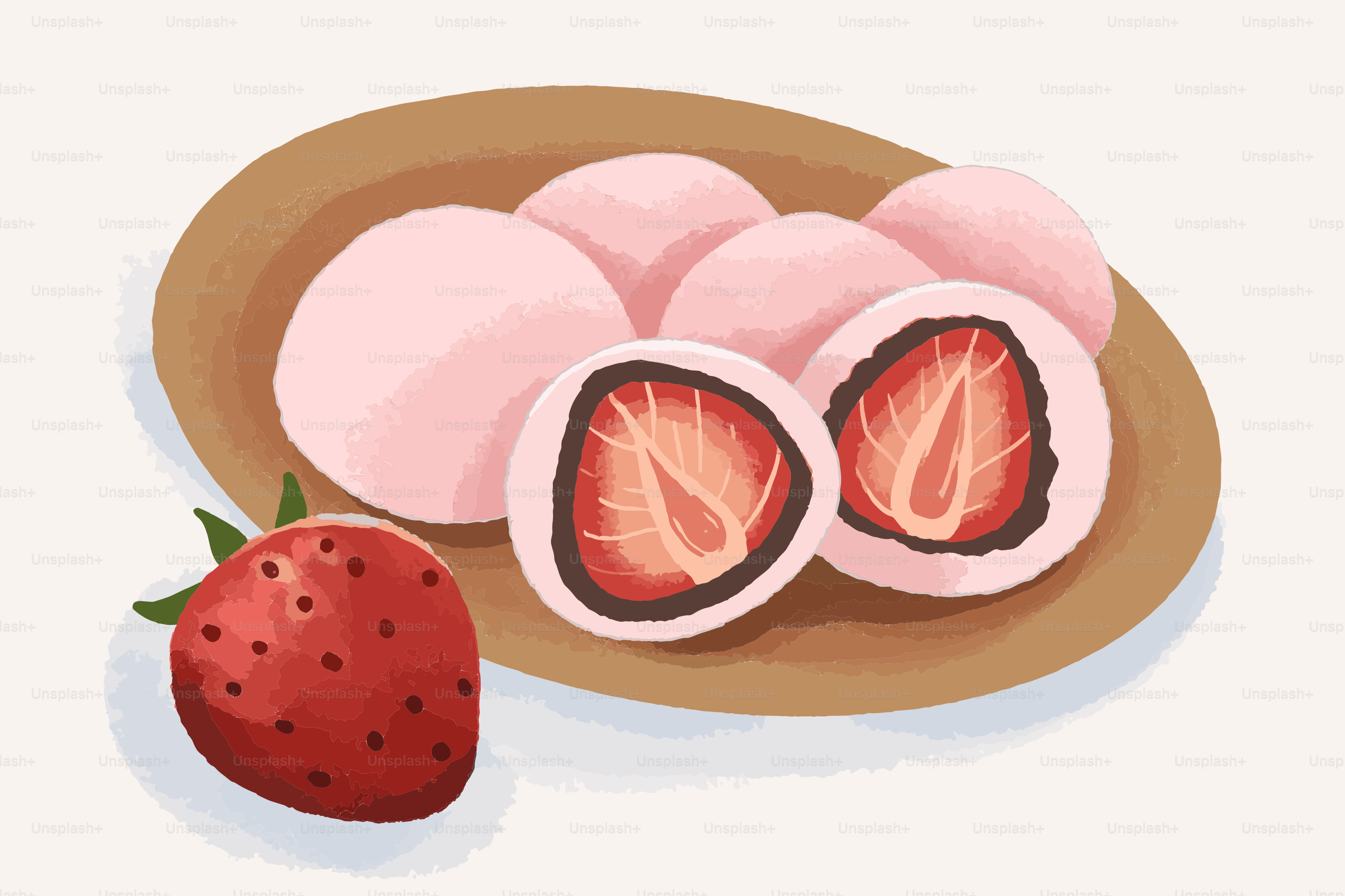 Pink mochi with strawberries on a plate