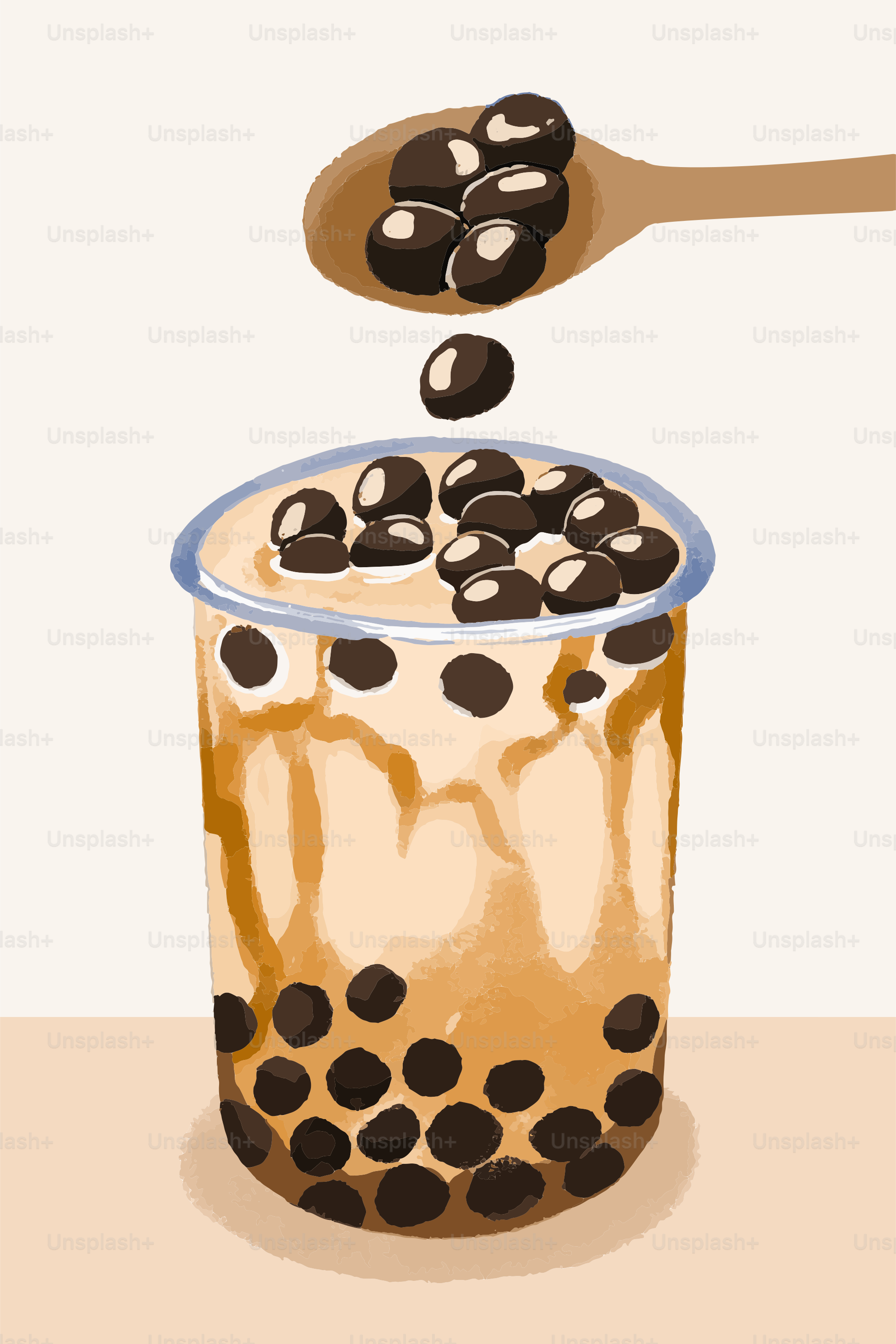 A spoon adds tapioca pearls to a bubble tea.