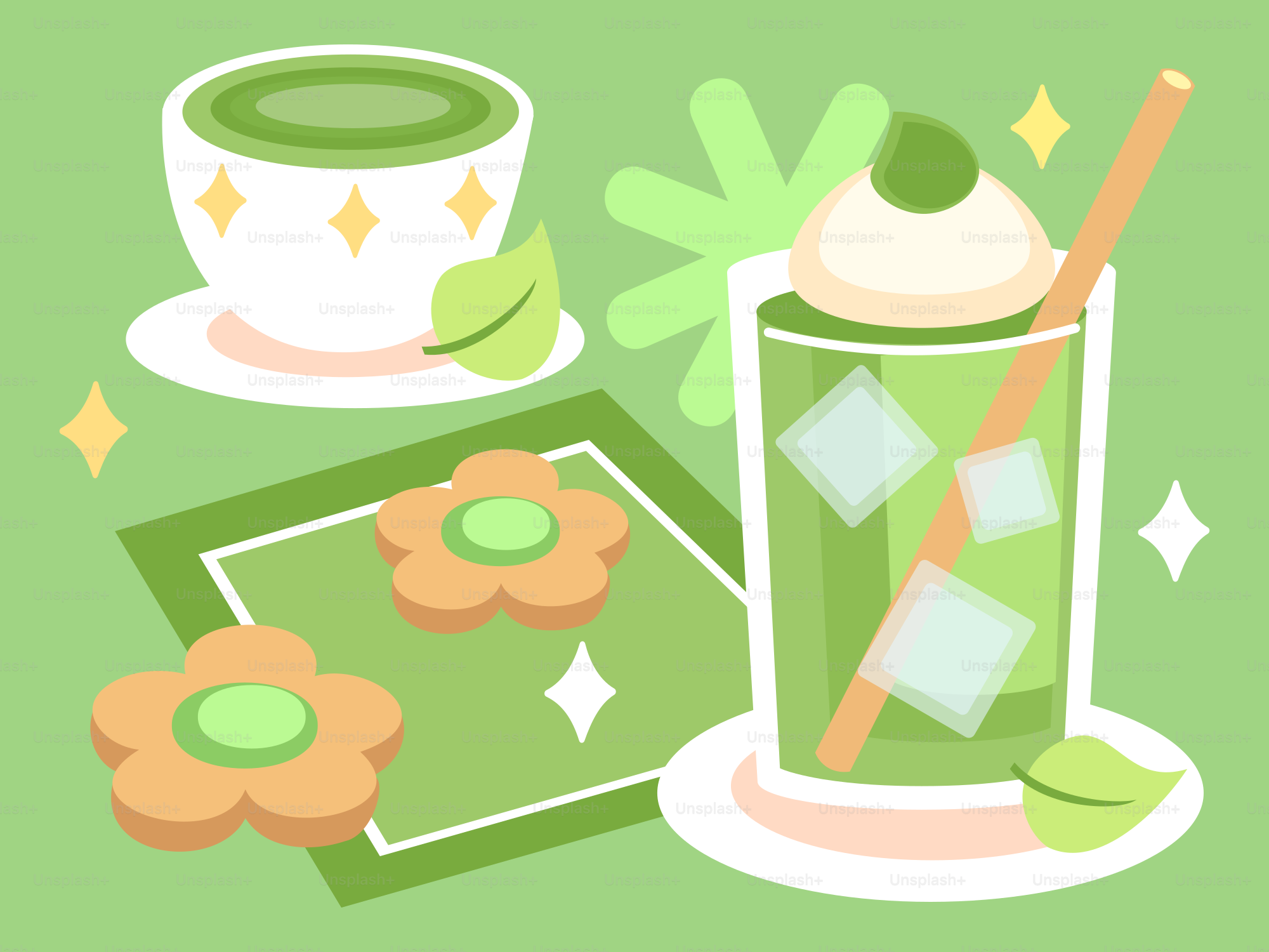 Green tea drink and cookies on green background vector – Food Image on ...
