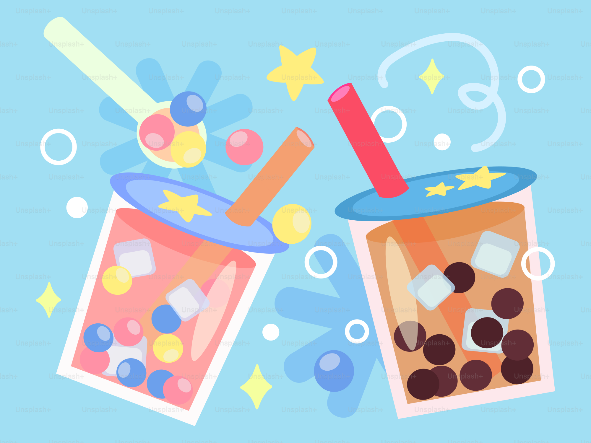 Two bubble tea drinks with stars and sparkles