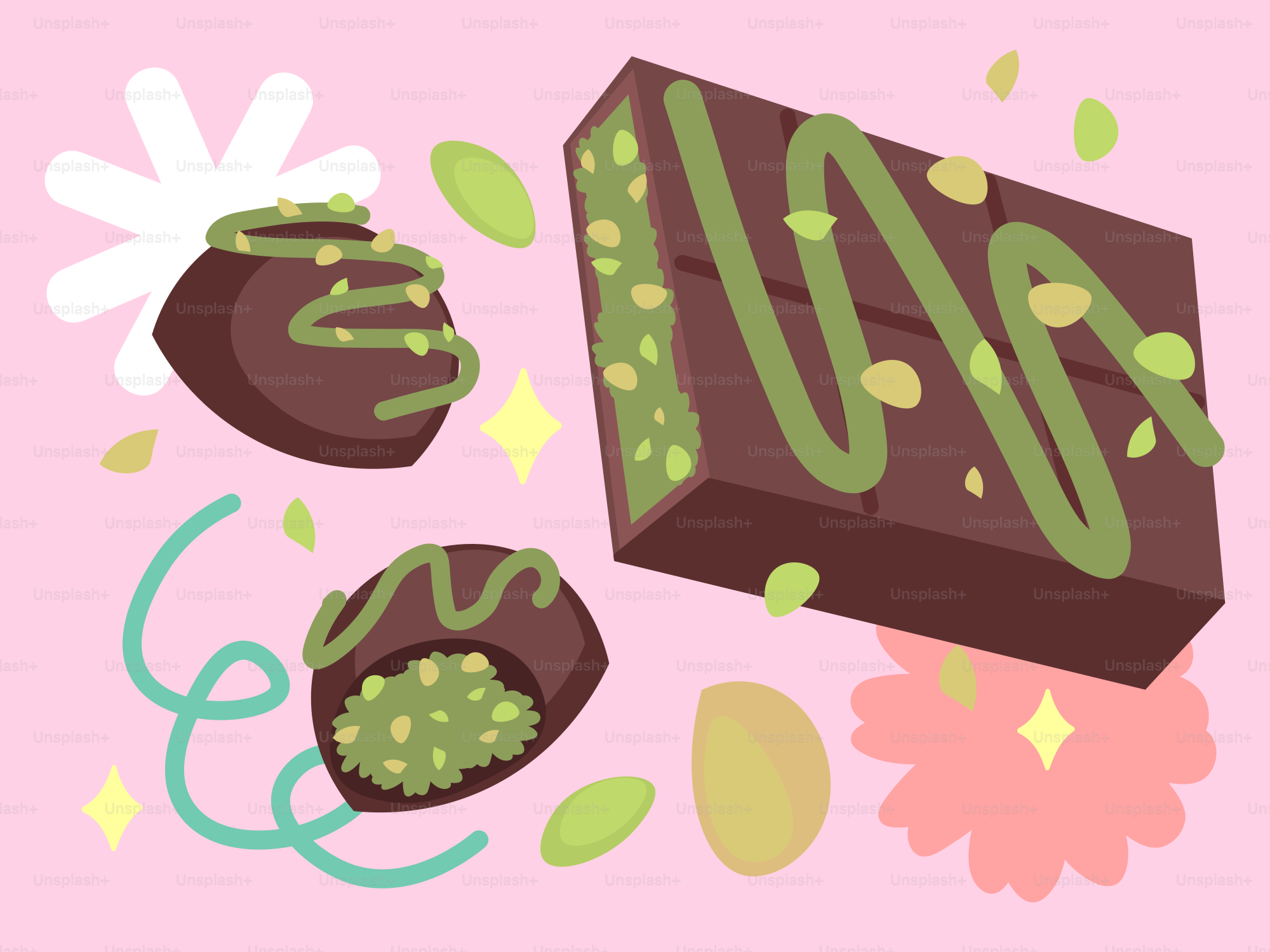 Chocolate candies and a brownie with green frosting.