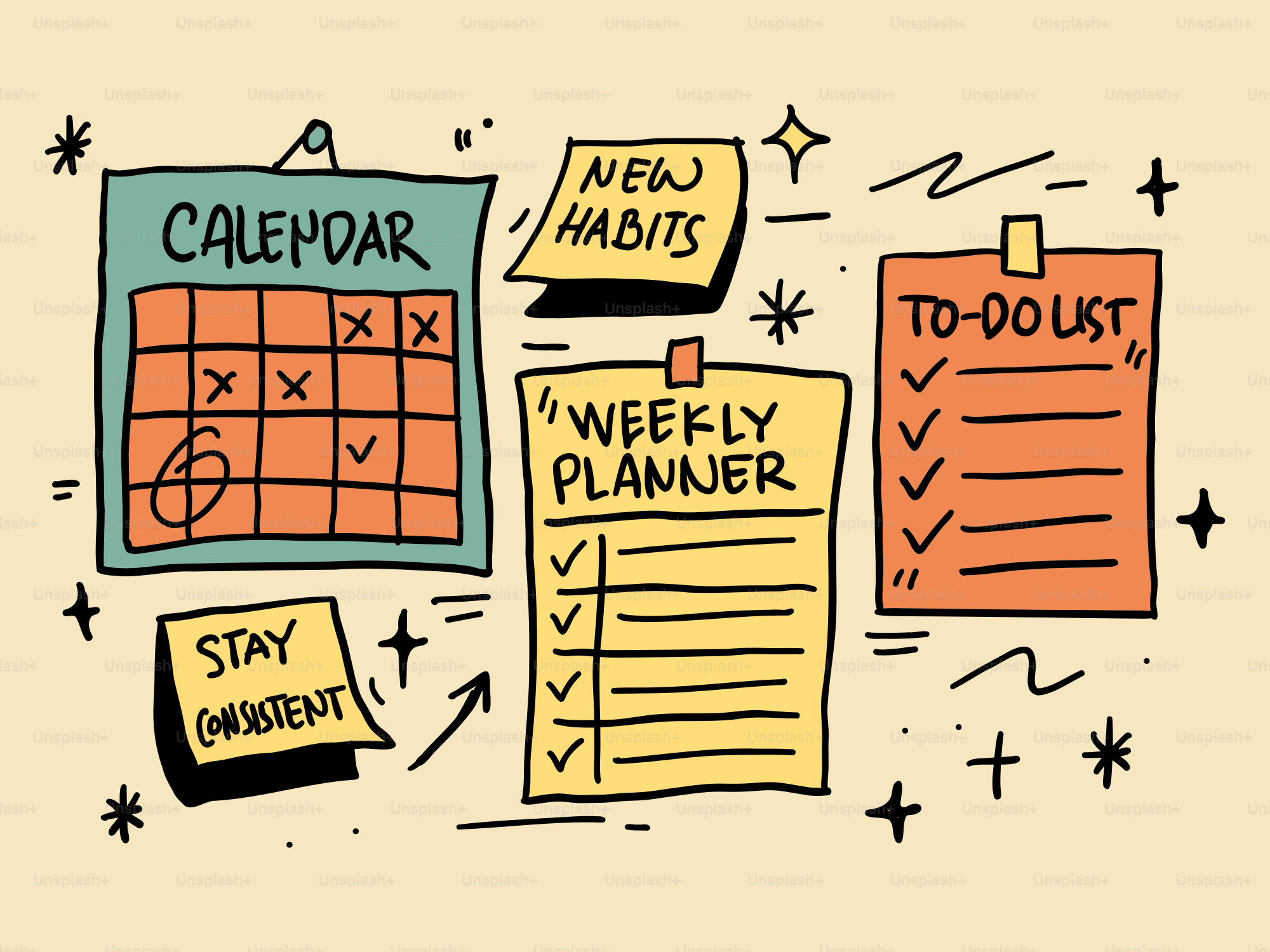 カレンダー、週間プランナー、メモ付きToDoリスト。