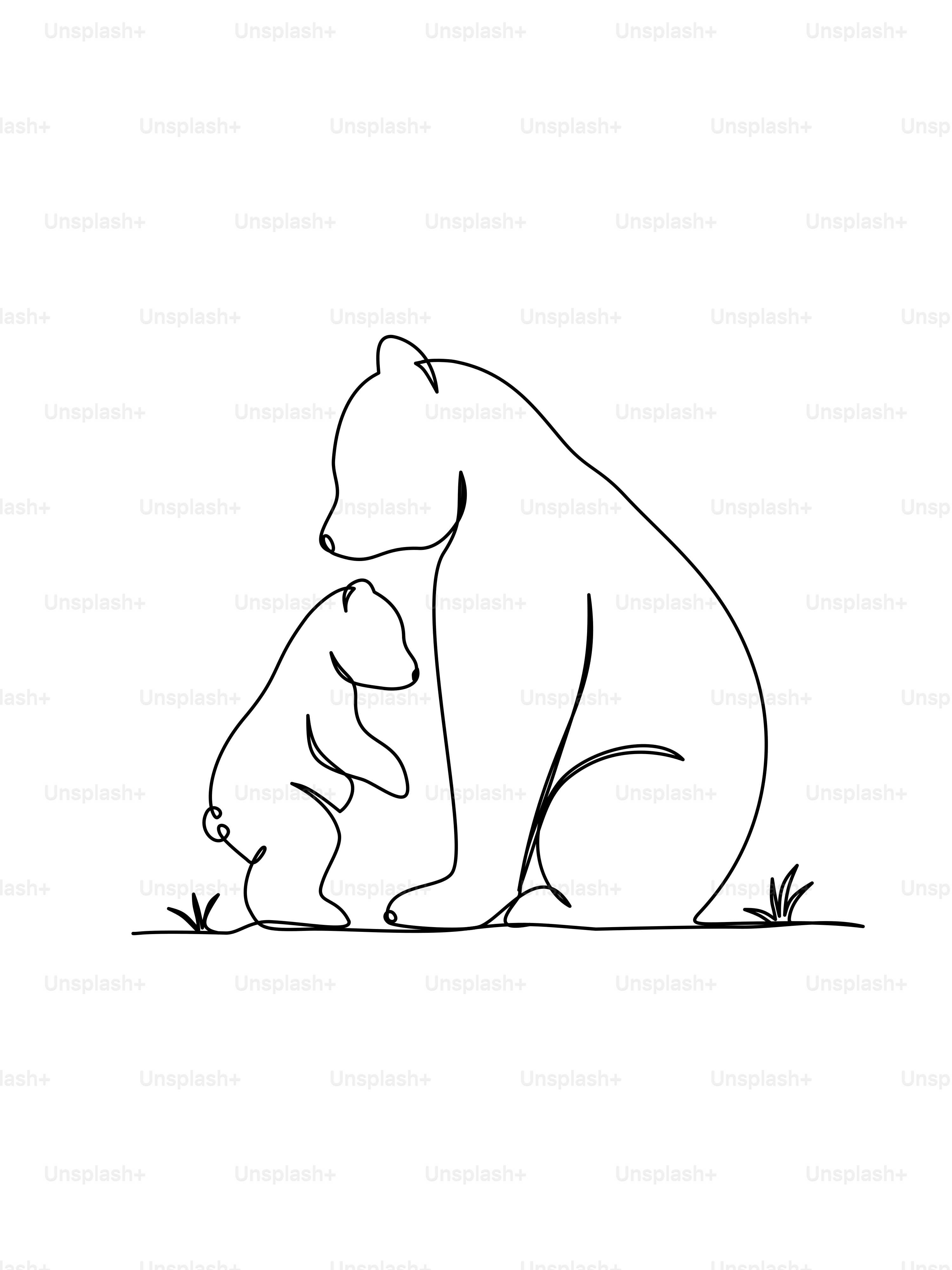 Bärenmutter und Jungtier in durchgehender Strichzeichnung gezeichnet