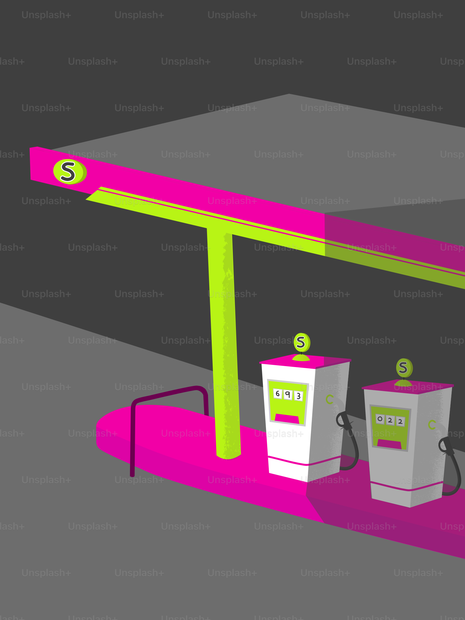 Gas station with two pumps under a canopy.