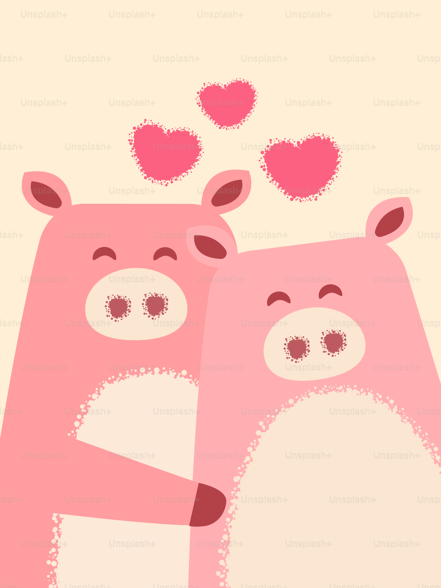 Dois porcos de desenho animado rosa abraçados com corações acima
