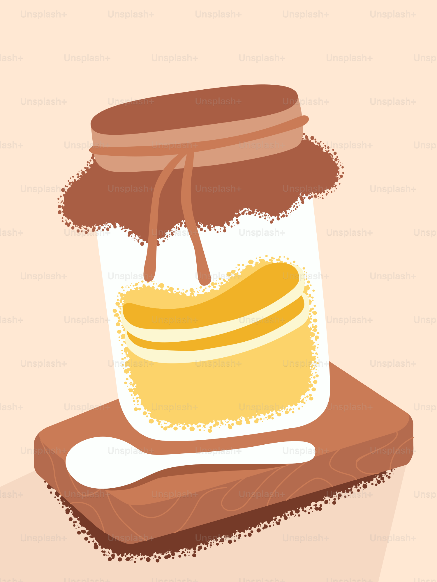 Jar of honey with a spoon on a wooden board
