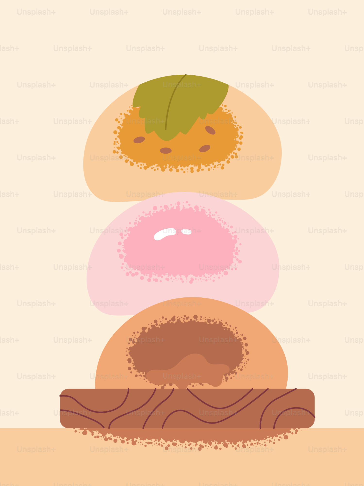 Tres postres de mochi apilados con diferentes rellenos