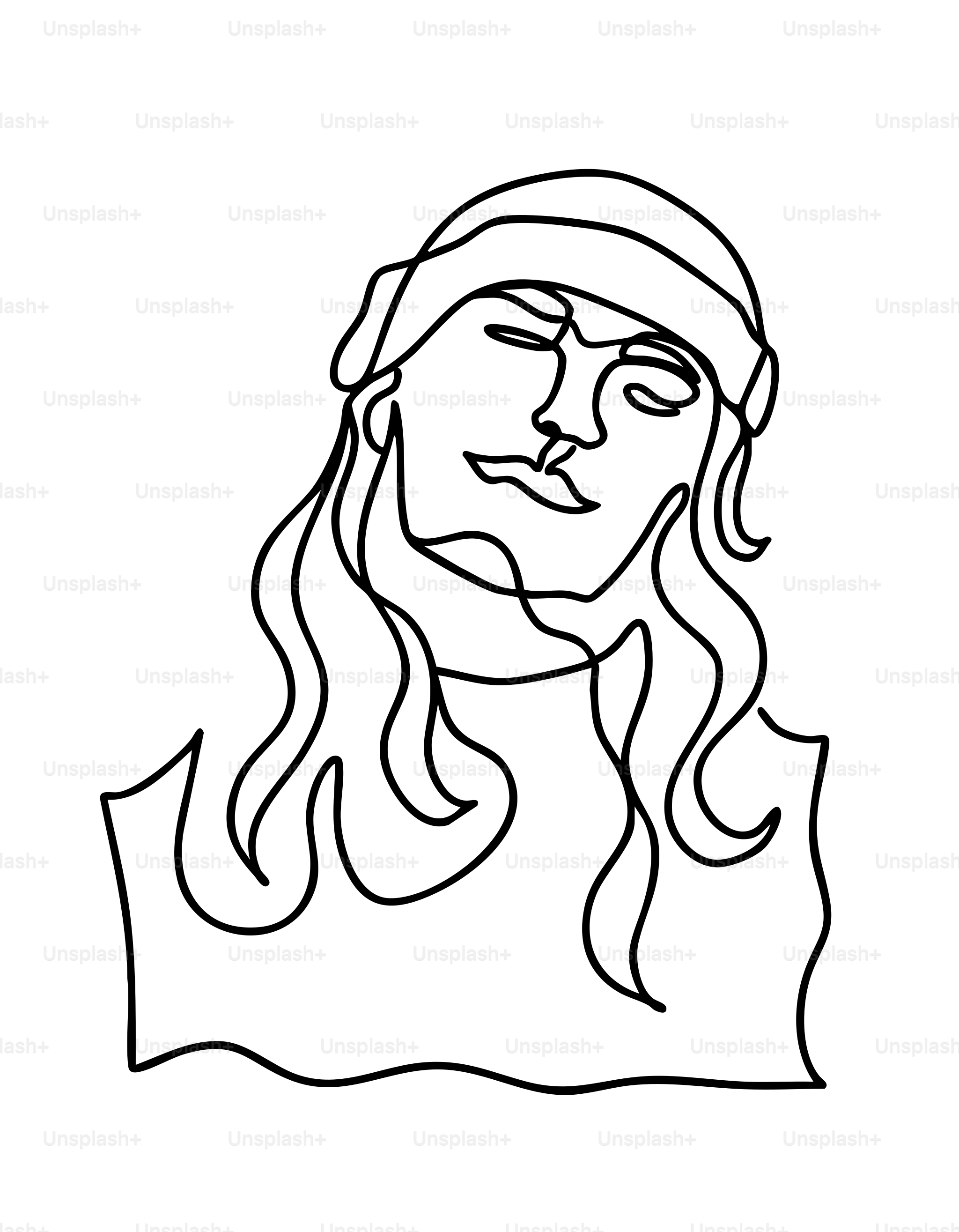 Minimalist line art of a woman with long hair.