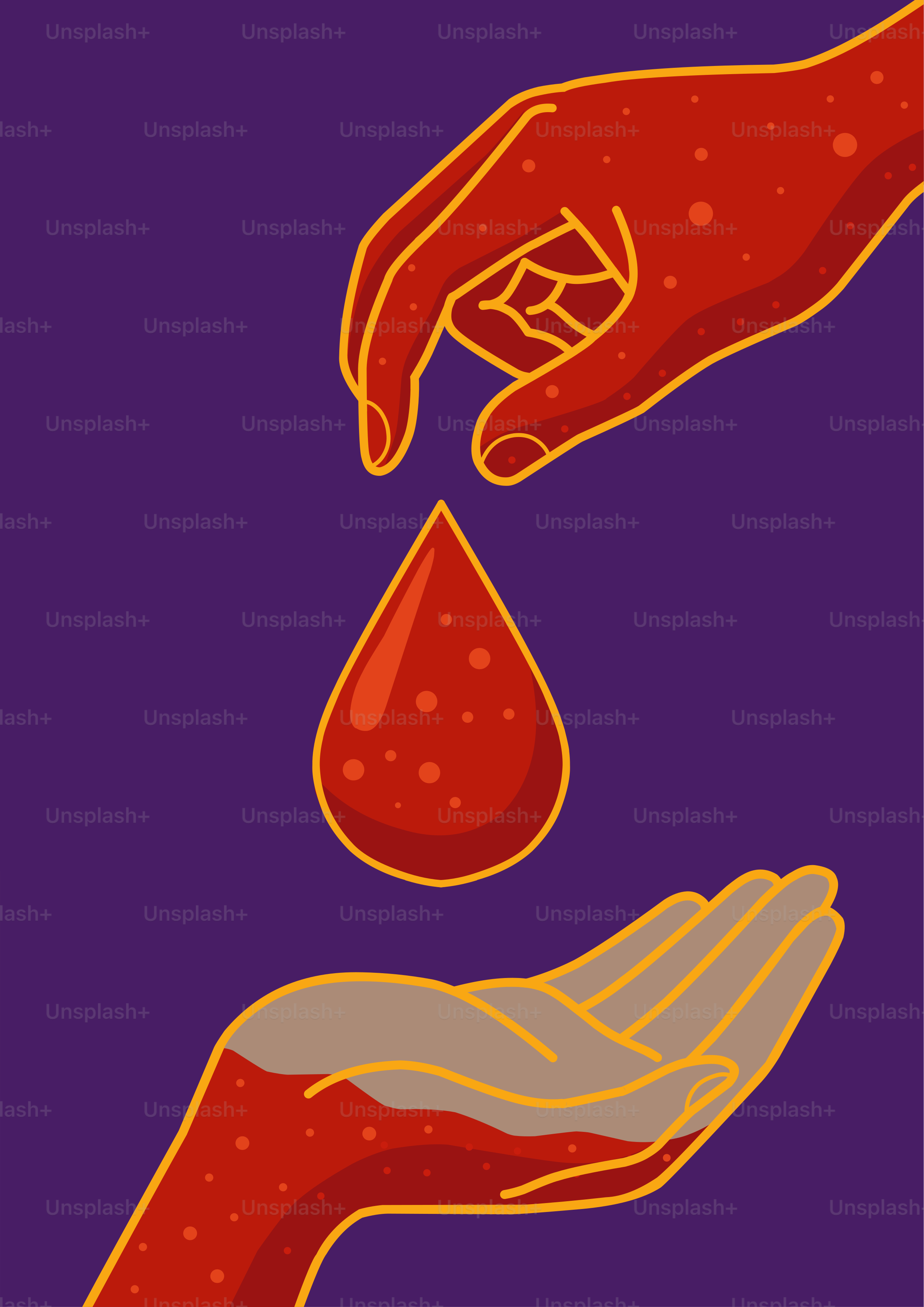 Mani che offrono una goccia di sangue a un'altra mano.
