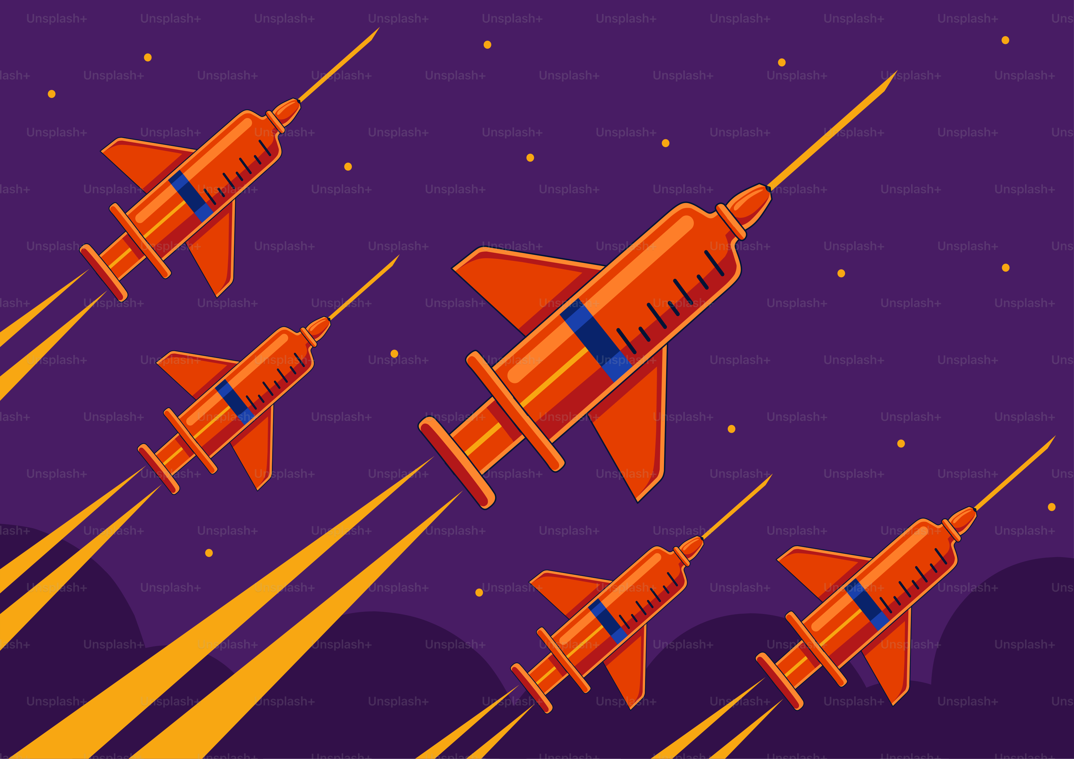 Syringes shaped like rockets flying through space.