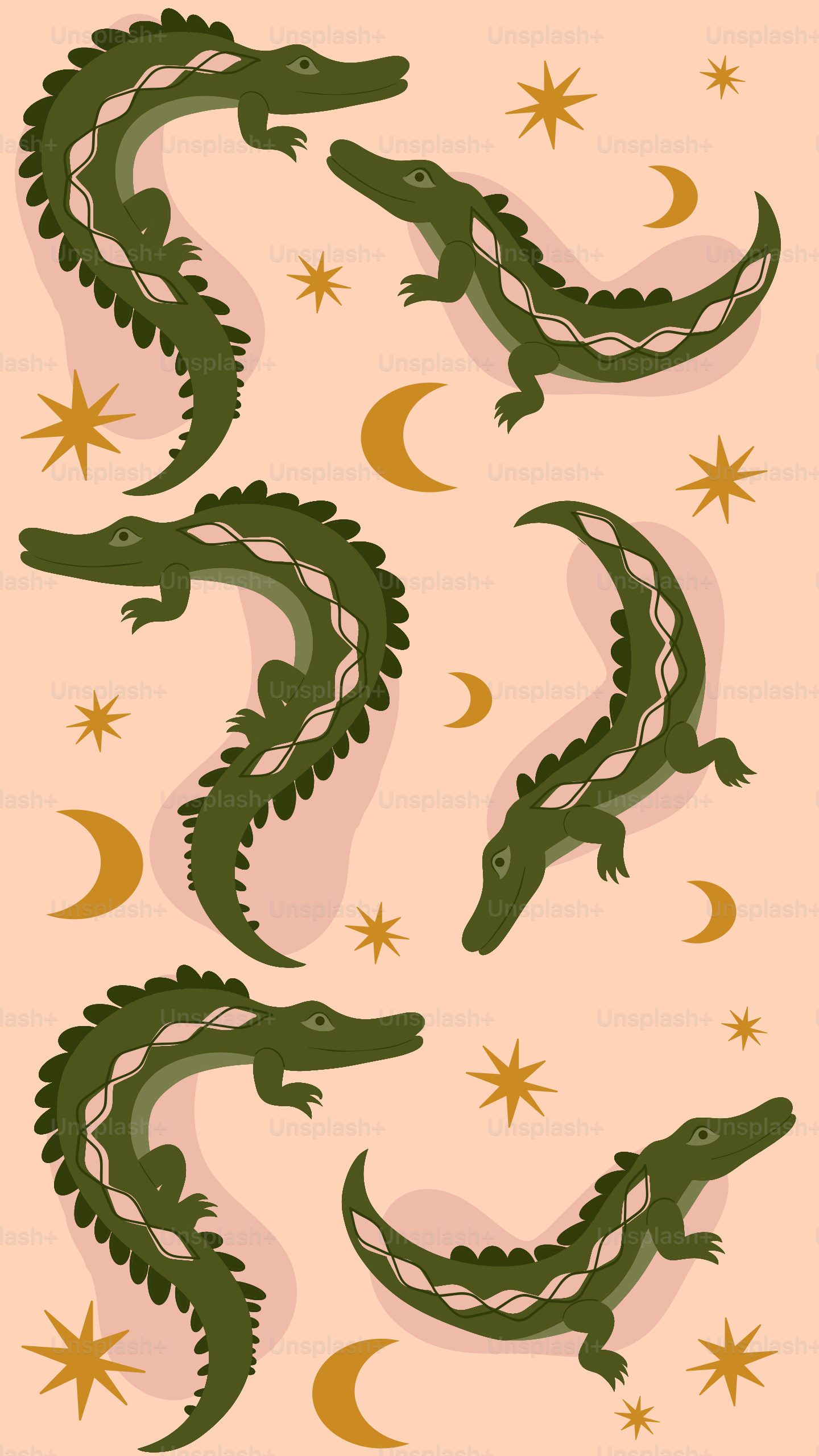 Alligators verts avec des éléments célestes sur fond rose