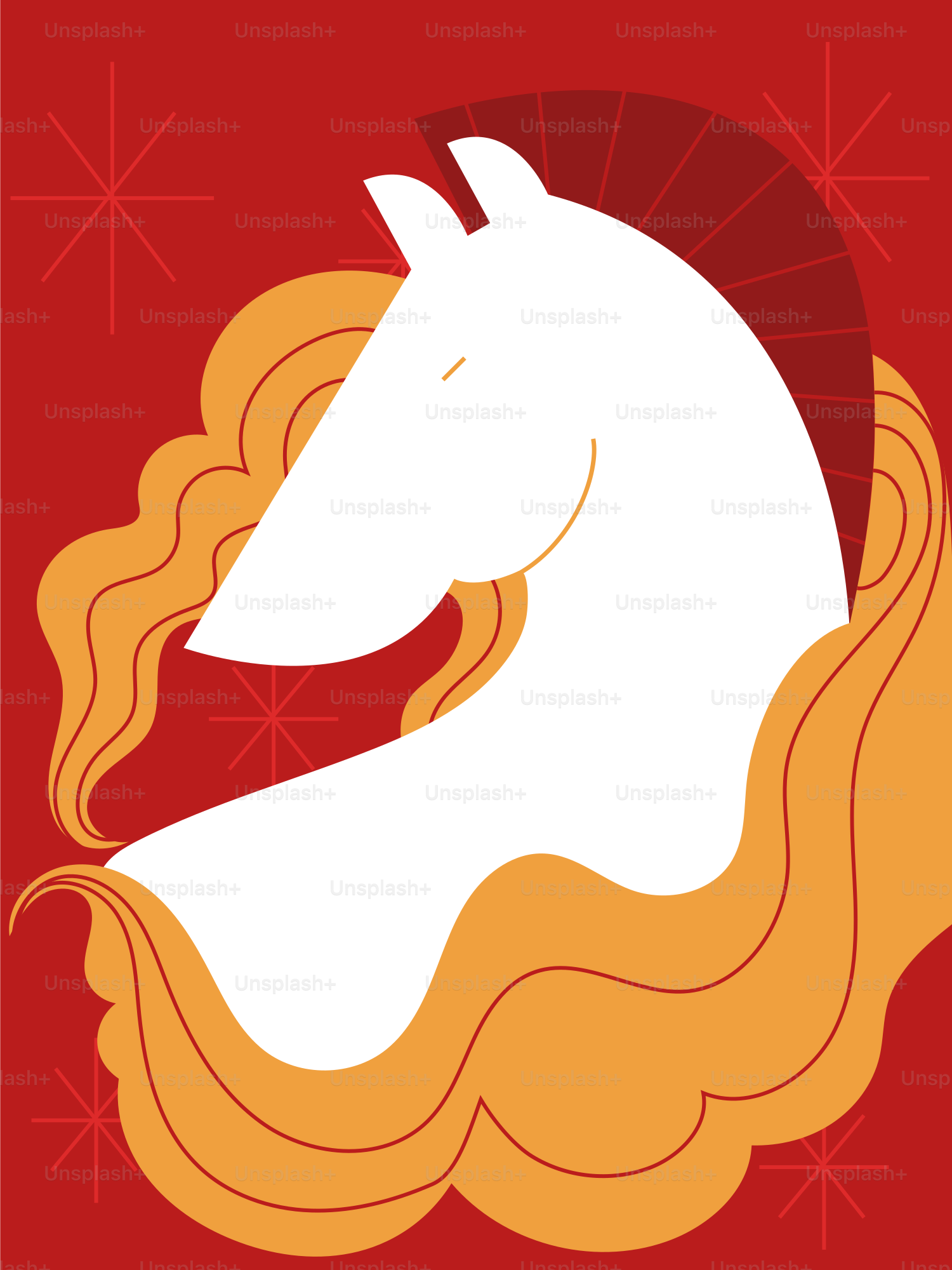 Stylized white horse with flowing mane on red background