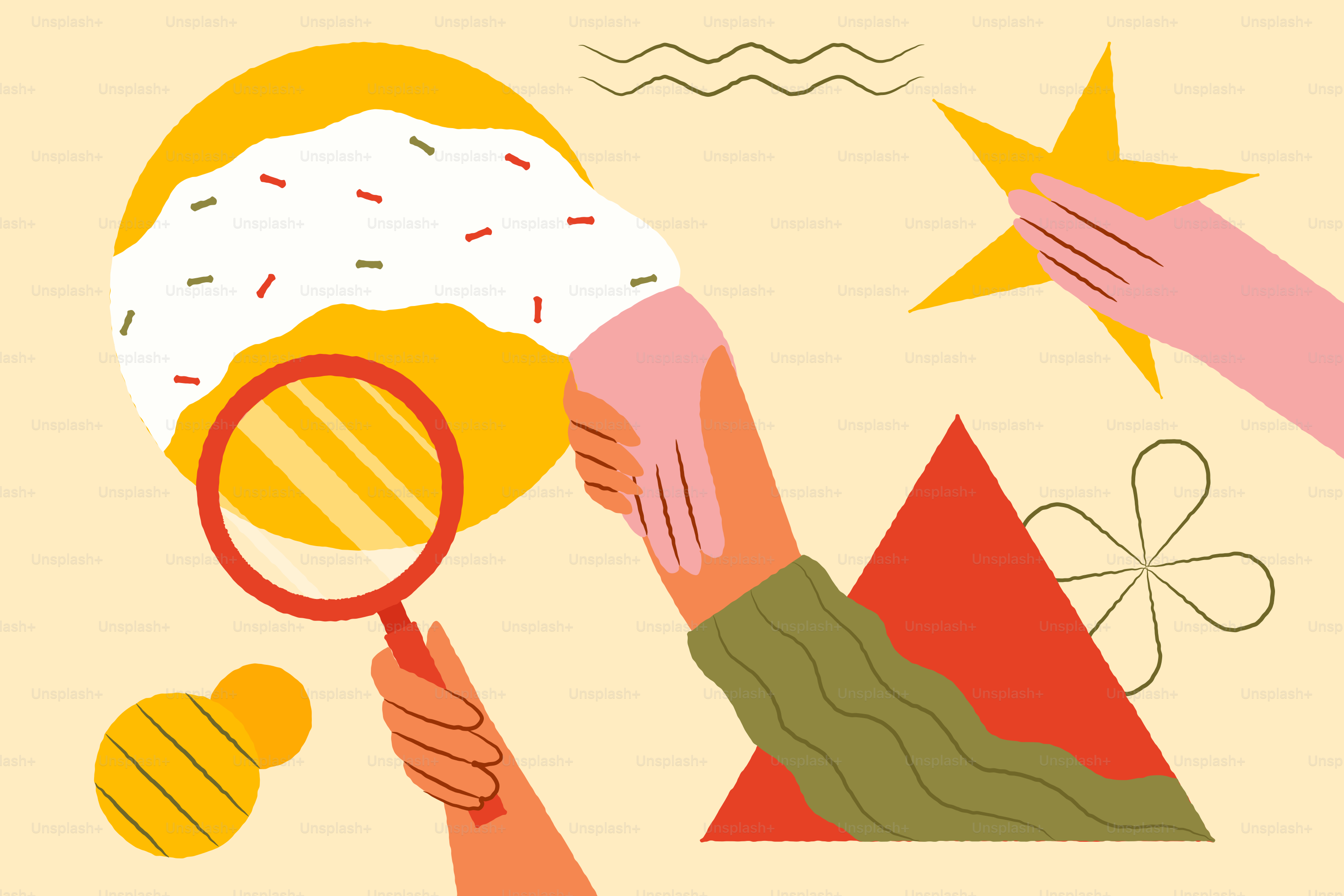 Hände greifen nach einem verzierten Donut mit einer Lupe.