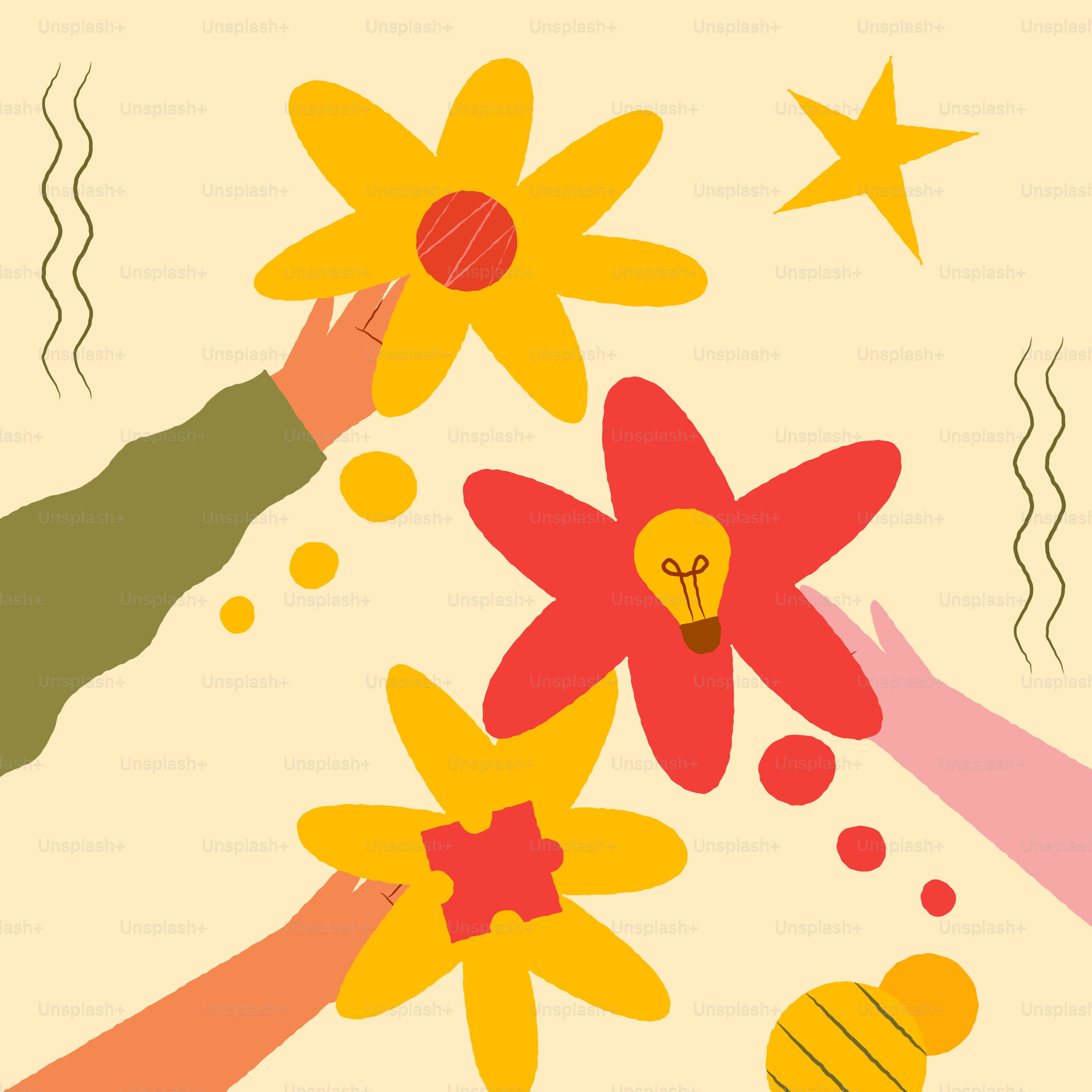 Mains tenant des fleurs avec puzzle, ampoule et étoile.