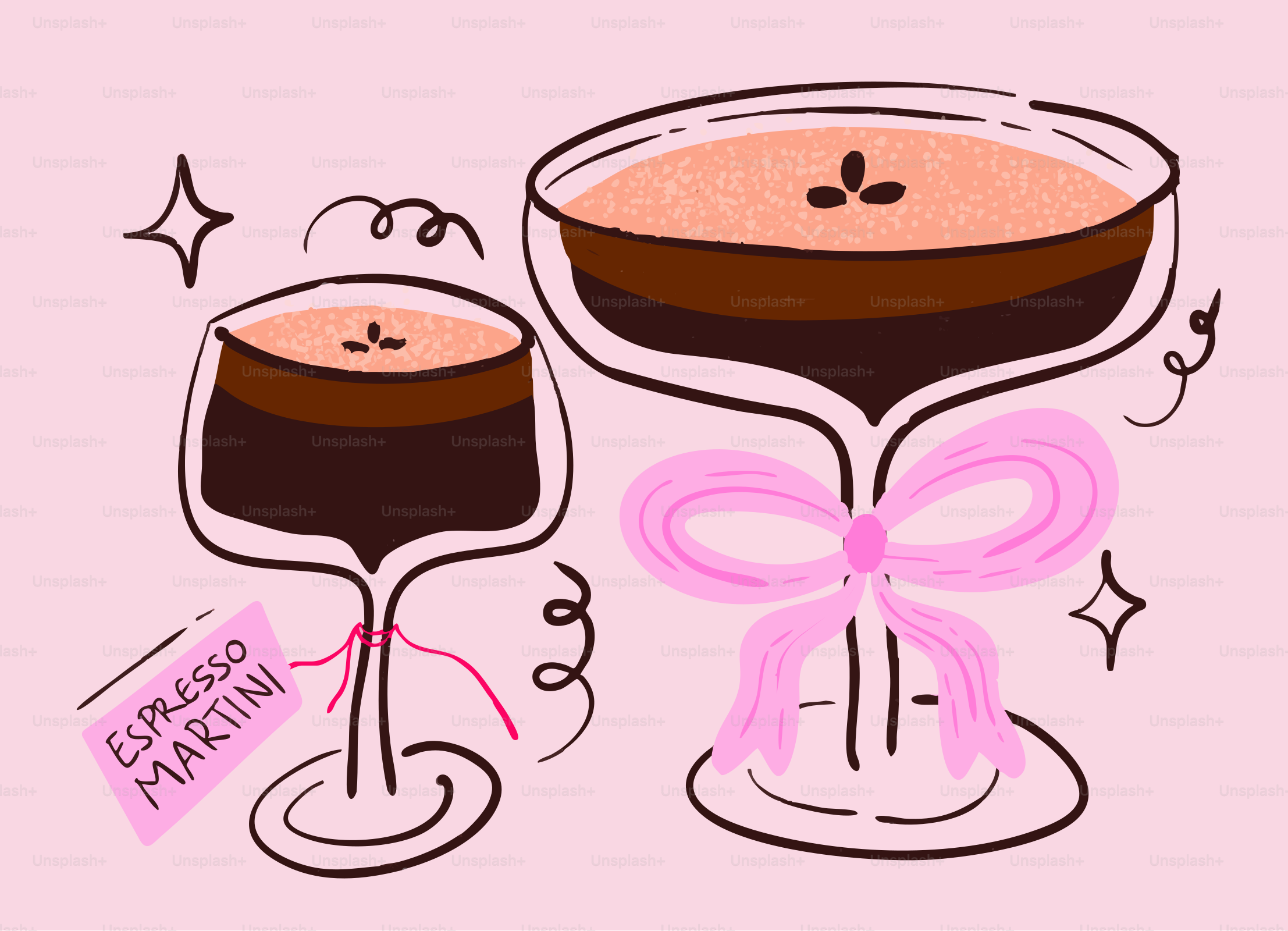 Two espresso martinis with a pink bow