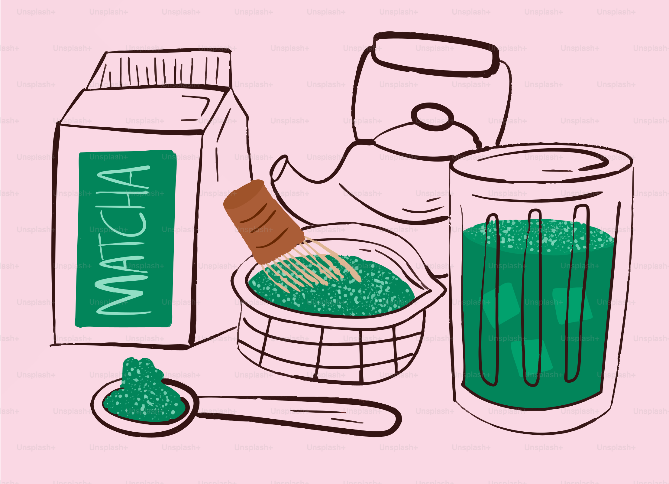Matcha tea preparation with whisk and powder.