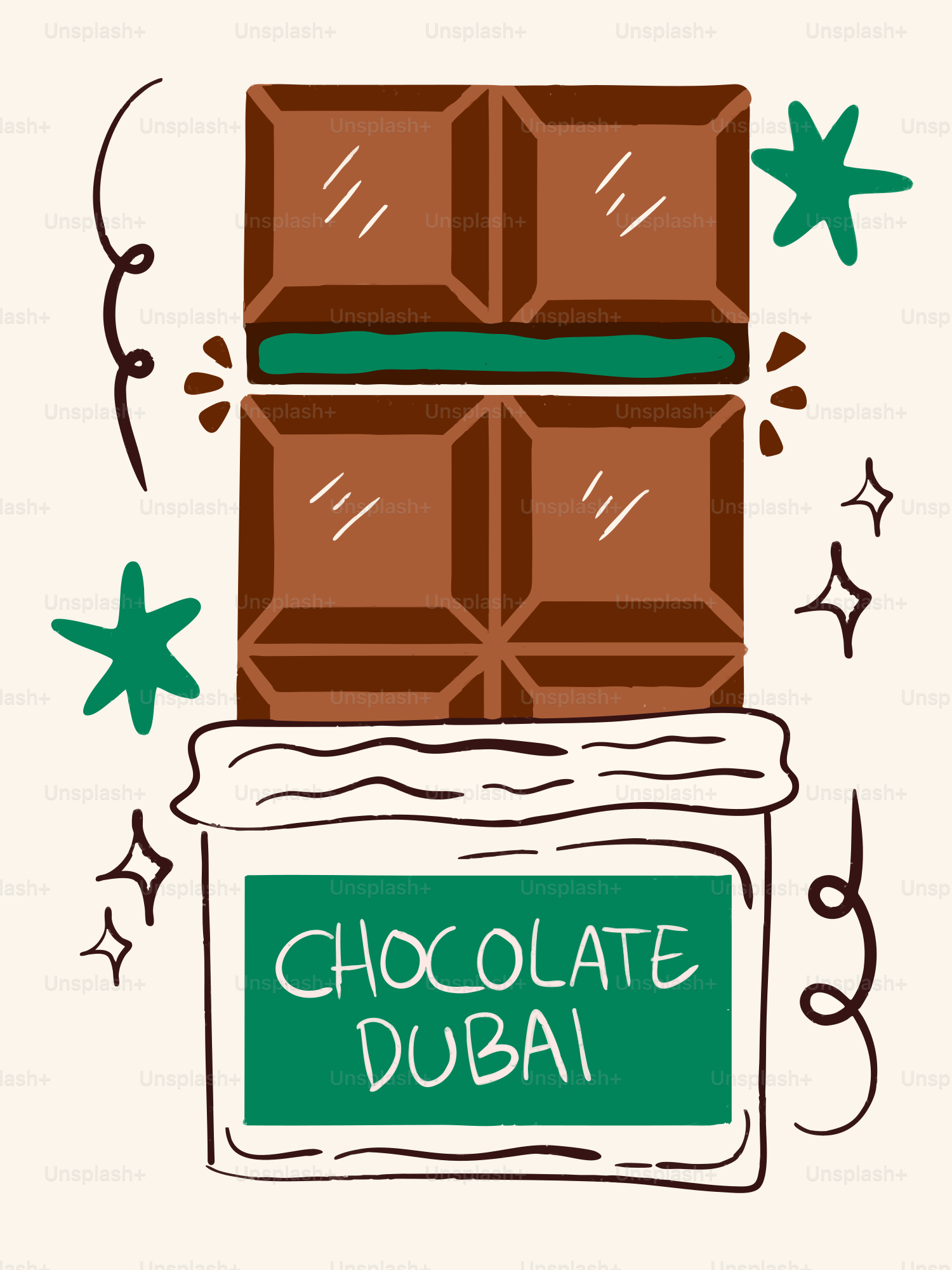 Una barretta di cioccolato stilizzata con il testo "chocolate dubai".